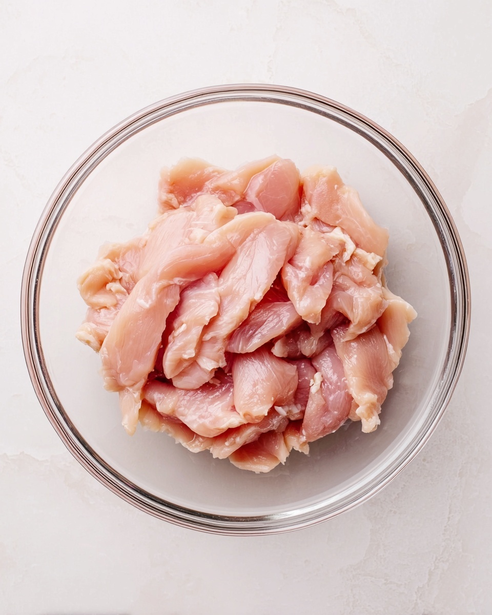 A clear glass bowl is filled with several layers of raw light pink chicken strips. The chicken pieces have smooth, slightly shiny textures and are loosely piled in the bowl. The bowl sits on a white marbled surface, which adds a soft, clean background to the image. There are no other elements in the picture, focusing fully on the raw chicken strips in the bowl. photo taken with an iphone --ar 4:5 --v 7