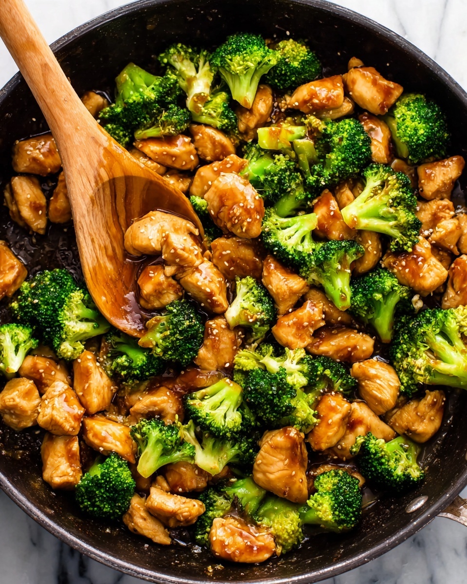 The image shows a close-up view of a black pan filled with cooked chicken pieces and bright green broccoli florets, all coated in a shiny brown sauce. The chicken pieces are small and tender-looking, scattered evenly throughout the pan with the broccoli, which has a fresh and slightly soft texture. A wooden spoon is resting inside the pan, suggesting it is ready to serve. The background surface is white marbled, creating a clean and bright contrast to the darker pan and vibrant food, photo taken with an iphone --ar 4:5 --v 7