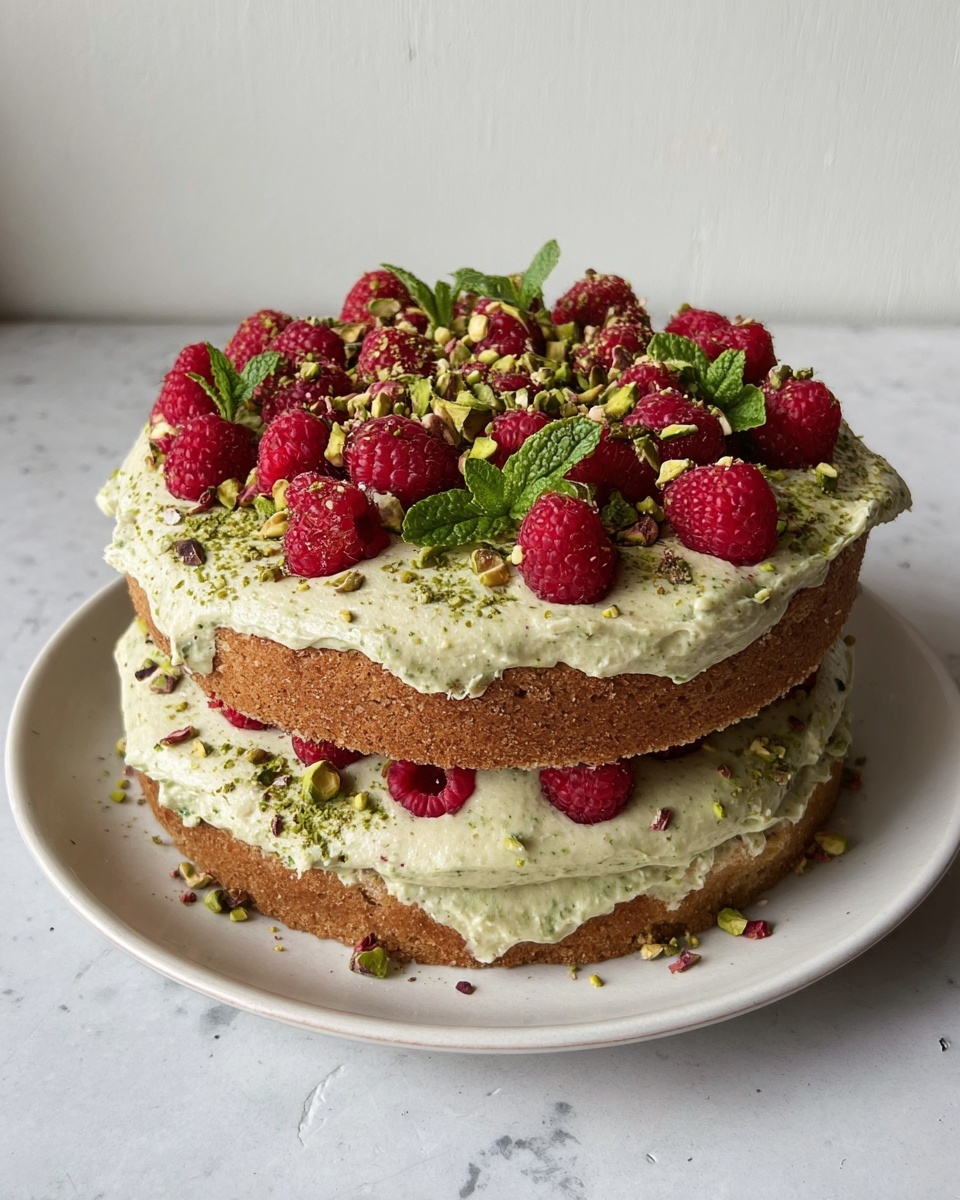 This image shows a two-layer round cake on a white plate with a white marbled surface underneath. The bottom layer is light brown with visible texture, topped with a thick, pale green cream layer that is slightly rough. Between the layers, some fresh red raspberries and green mint leaves peek out. The top layer matches the bottom in color and texture, covered with a thick, pale green cream spread unevenly on top. The cake is decorated with whole red raspberries, chopped green pistachios, and fresh green mint leaves scattered on the cream. The setting is simple, with a plain white wall in the background. photo taken with an iphone --ar 4:5 --v 7