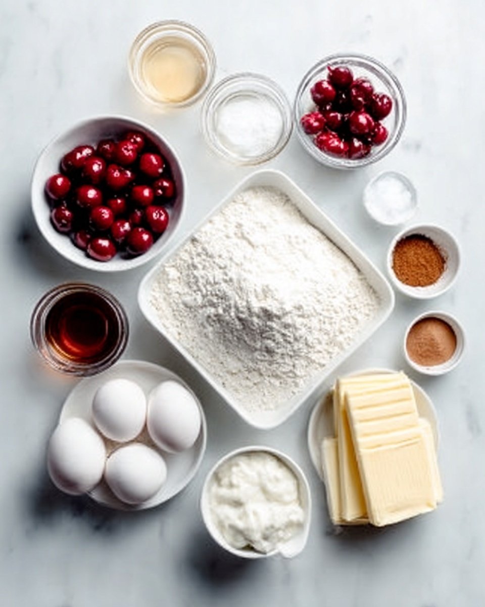 A white square bowl filled with white flour sits on a white marbled surface, surrounded by several small white bowls containing bright red cherries, white sugar, and brown sugar. There are four white eggs placed near the bowls, along with three sticks of pale yellow butter. A small white bowl holds a thick white substance, and another small bowl contains a dark brown liquid. Two clear glasses with liquid are also present, all arranged neatly on the white marbled texture. photo taken with an iphone --ar 4:5 --v 7
