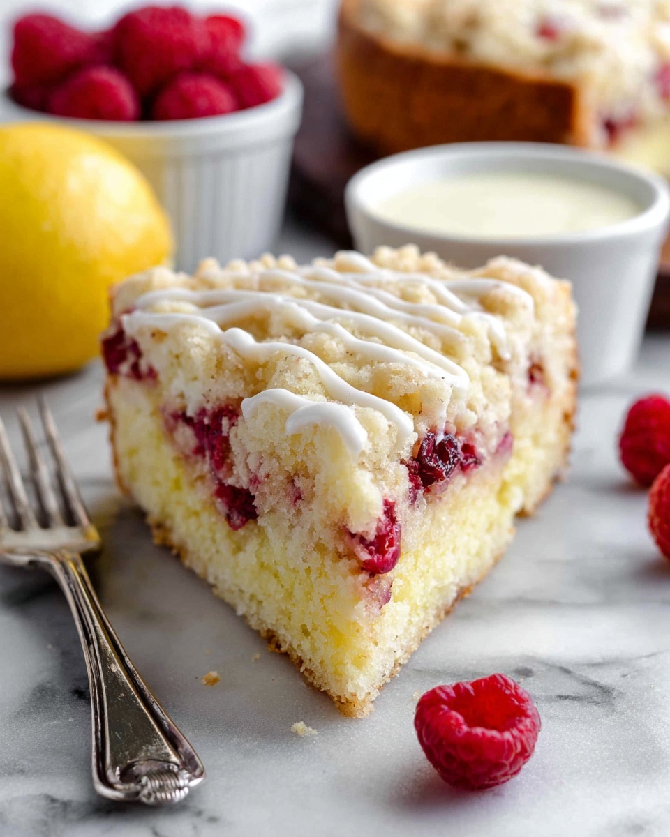 A round cake with a crumbly golden yellow top layer is visible, covered with a thin drizzle of white icing in diagonal lines. The cake sits on a surface with a white marbled texture. In the background, a blue and white egg carton and a small white bowl filled with red raspberries are seen. A bright yellow lemon is placed near the bottom left corner of the cake. Photo taken with an iphone --ar 4:5 --v 7