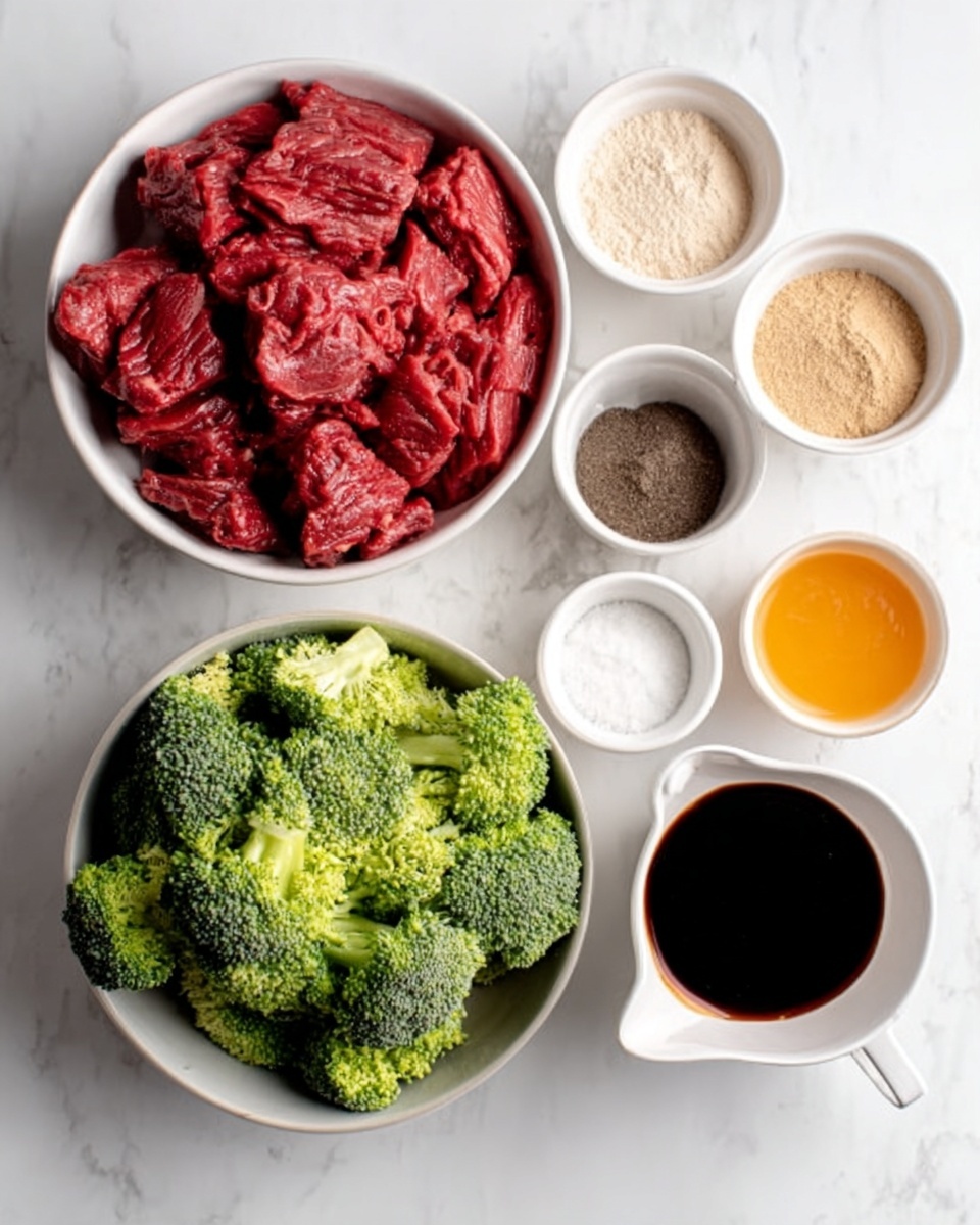 A white bowl filled with thinly sliced red meat sits at the bottom left. To its right, a smaller white bowl holds fresh green broccoli florets. Above these, there are six small white round bowls arranged in two rows; the top row has two empty bowls, the middle one is filled with a light tan powder, and the bottom row from left to right shows a dark brown powder, white salt, and a bright orange liquid. At the bottom right corner, a white measuring cup filled with dark brown soy sauce is visible. All items are placed on a white marbled surface. photo taken with an iphone --ar 4:5 --v 7