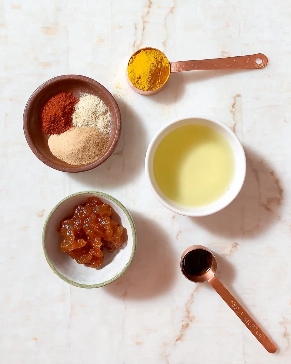 The image shows four small containers with different cooking ingredients placed on a white marbled surface. At the top center, there is a small copper measuring spoon filled with bright yellow powder. Below that to the left, a small round brown bowl holds four different spices layered side by side: light beige, dark brown, reddish, and off-white powders. To the right, a small white bowl contains a light yellow clear liquid. At the bottom left, another white bowl has a thick, shiny reddish-brown sauce with a chunky texture. Finally, at the bottom right, a small metal measuring spoon contains a dark thick liquid and rests on the white marbled surface. photo taken with an iphone --ar 4:5 --v 7