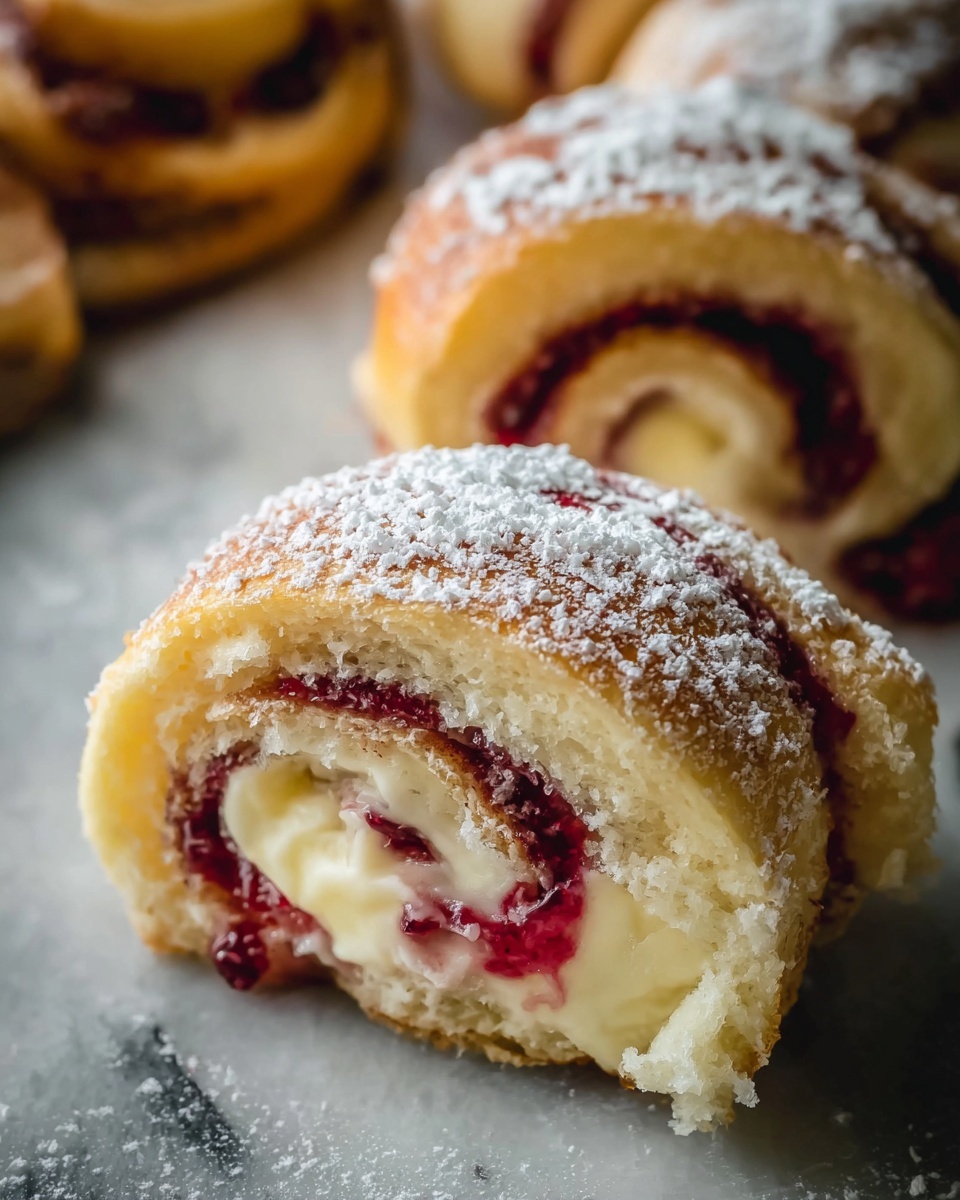 The image shows close-up of a swirl pastry with three visible layers: a light golden brown dough on the outside, a dark red berry filling in the middle, and a creamy pale yellow filling inside the swirl. The top of the pastry is dusted with fine white powdered sugar. The texture of the dough looks soft and slightly fluffy, while the berry filling is thick and glossy. The pastry rolls sit on a white marbled surface, with part of another swirl pastry and flatbread blurred in the background. Photo taken with an iphone --ar 4:5 --v 7