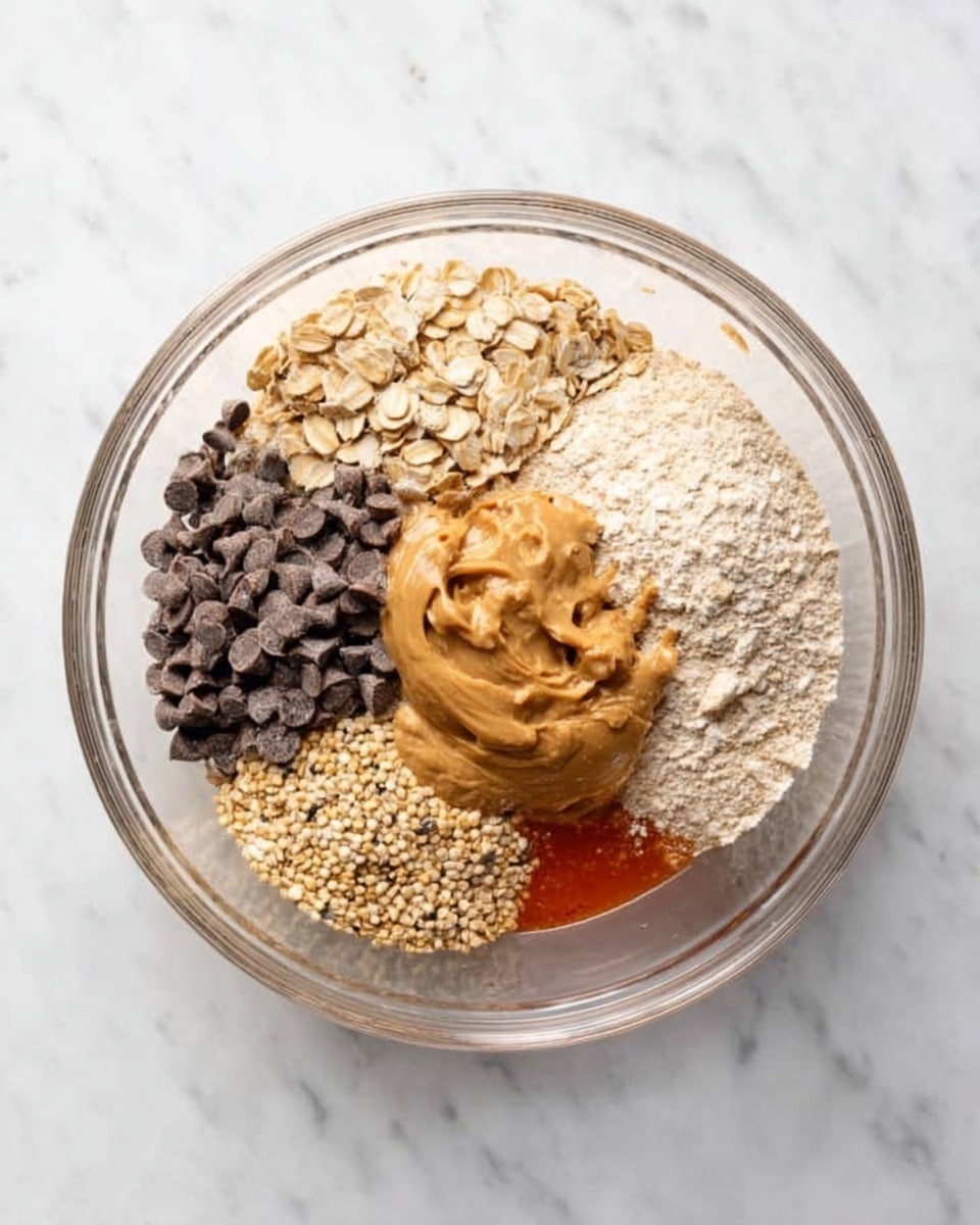 In a clear glass bowl on a white marbled surface, there are six separate piles of ingredients arranged side by side. Starting from the top right and moving clockwise, there is a light beige powdery flour, beige rolled oats, small dark brown chocolate chips, tiny off-white seeds, smooth and creamy light brown peanut butter with swirls, and a small amount of bright red liquid at the bottom center. The textures are distinct, with the peanut butter looking shiny and thick, the oats rough, and the flour and seeds fine and dry. Photo taken with an iphone --ar 4:5 --v 7