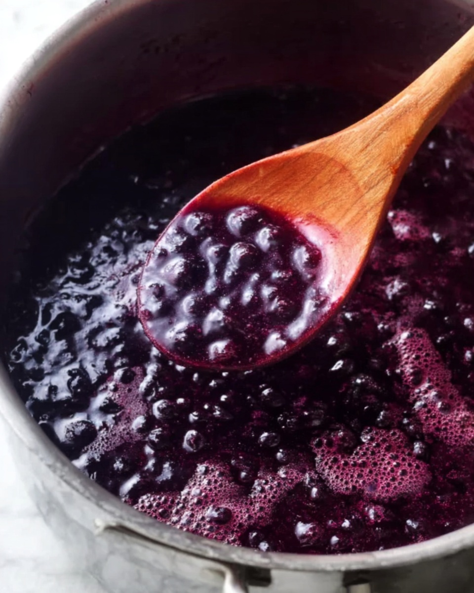 The image shows a close-up of a pot filled with a thick, deep purple blueberry sauce that has bubbles on the surface, indicating it is simmering. A wooden spoon with a smooth, polished texture is dipped into the sauce, lifting some of it carefully. The surface under the pot is a white marbled texture, offering a clean and bright contrast to the dark purple sauce. The lighting highlights the shine and texture of the bubbling sauce and the smooth wood of the spoon. Photo taken with an iphone --ar 4:5 --v 7