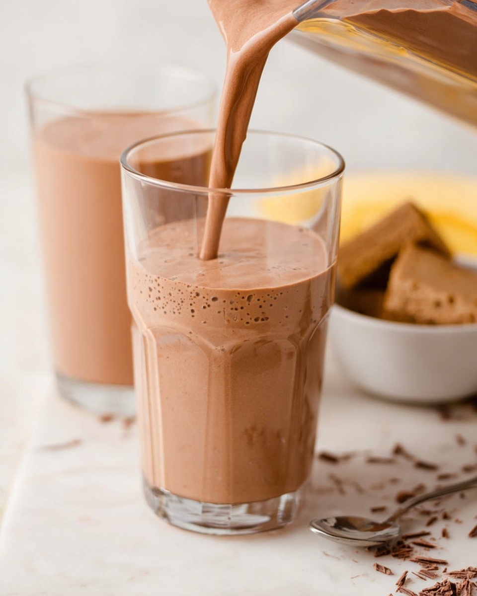 A tall clear glass is filled with a smooth, light brown chocolate shake being poured from a blender container just above it. The shake has a creamy texture with small bubbles visible on the surface. Another glass with a similar shake is positioned in the background on the left. To the right, there is a white bowl containing pieces of a light brown baked item with a spoon resting inside. Small chocolate shavings are scattered on the white marbled surface below. The scene is bright and soft-focus, highlighting the shake's rich texture and the fresh ingredients around. Photo taken with an iphone --ar 4:5 --v 7