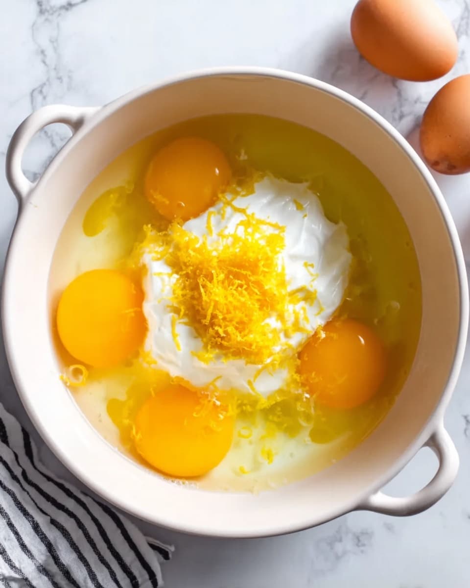 A white bowl filled with four bright yellow egg yolks and translucent egg whites surrounding them, placed on a white marbled surface. In the center of the bowl, there is a small mound of white creamy yogurt topped with a bright yellow pile of lemon zest. Near the bowl, two brown eggs and a white and black striped cloth are partly visible. The lighting is soft and natural, highlighting the smooth textures and bright colors. Photo taken with an iphone --ar 4:5 --v 7