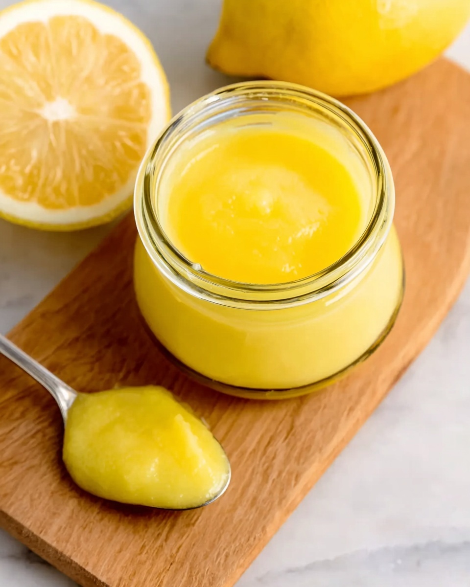 The image shows a small clear glass jar filled with smooth, bright yellow lemon curd. The jar is placed on a wooden cutting board, alongside a half lemon with its juicy, light-yellow interior visible. Next to the jar is a silver spoon that holds a dollop of the same yellow lemon curd, showing its creamy texture. The surface beneath the cutting board is a white marbled texture. Photo taken with an iphone --ar 4:5 --v 7