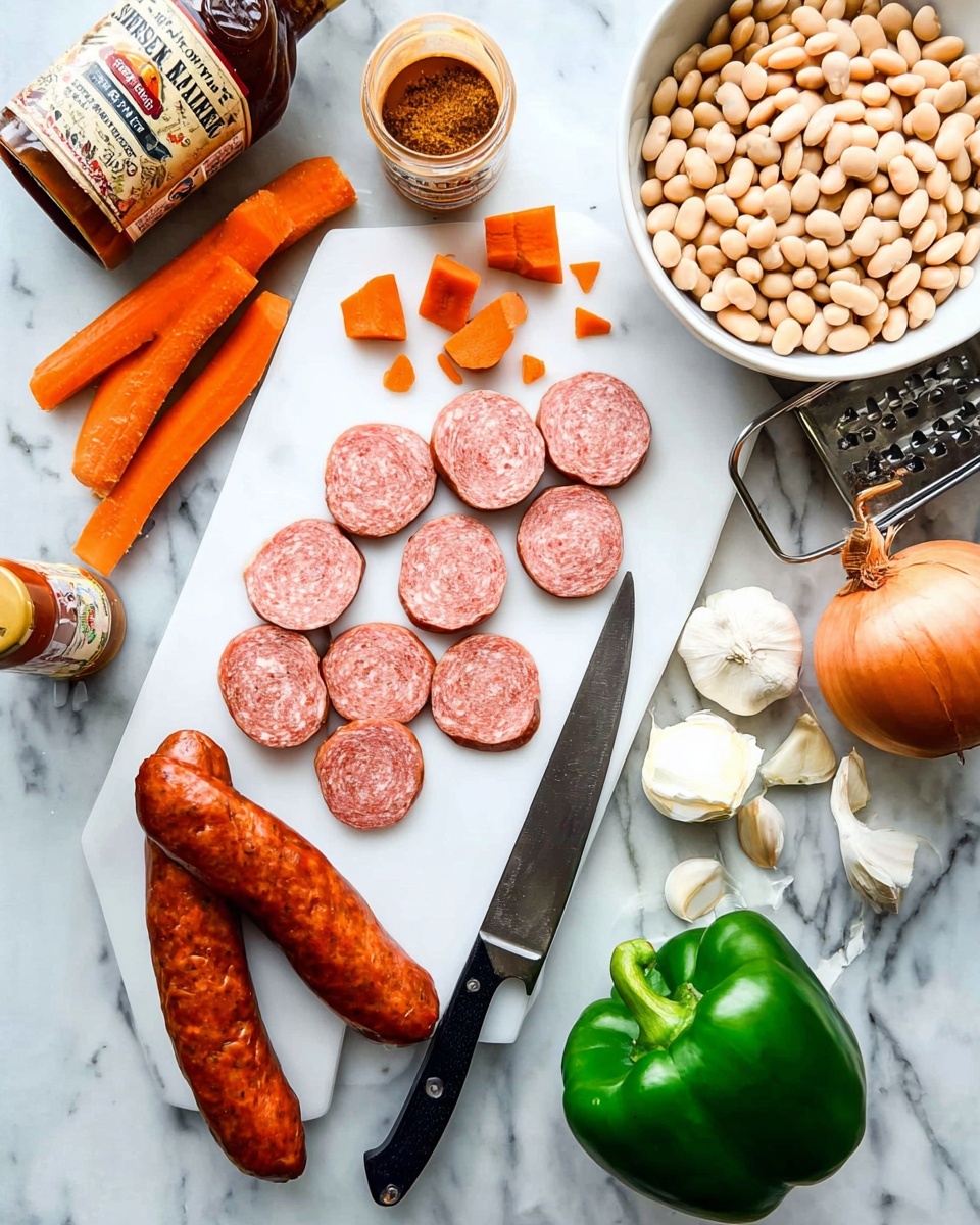 The image shows a white cutting board on a white marbled surface holding several slices of sausage arranged in three groups, with two whole sausages below them. A large kitchen knife with a black handle lies across the bottom sausage. To the right of the cutting board, there are two whole orange carrots and several small pieces cut from them. A large green bell pepper, a brown onion, and some garlic cloves are placed nearby on the marbled surface. A white bowl filled with pale beige beans sits near the top right corner of the cutting board. Kitchen tools and seasoning containers, including a bottle of Worcestershire sauce and a garlic press, are scattered around. Photo taken with an iphone --ar 4:5 --v 7