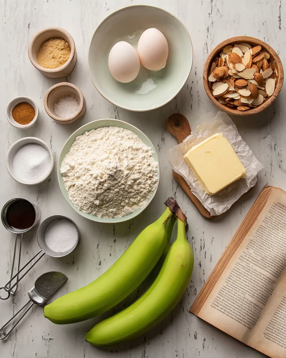 The image shows a flat lay of baking ingredients on a white marbled surface. At the center, there are two green bananas. Around them, there is a small heap of white flour, a white bowl with two raw eggs inside, and a small block of butter wrapped in parchment paper. To the top right, there is a small bowl with sliced almonds and an open book with a photo of banana bread. On the left side, there are small bowls containing sugar, salt, and nutmeg, along with a small bottle of vanilla extract and metal measuring cups and spoons arranged at the bottom. The colors are soft and natural, with browns and whites contrasting the green bananas. photo taken with an iphone --ar 4:5 --v 7