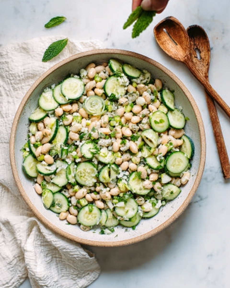 A large round white bowl filled with a salad made of small white and beige beans mixed with thinly sliced light green cucumbers. On top, there are small pieces of bright green chopped herbs scattered. The bowl is placed on a white marbled surface, next to a white cloth napkin and two wooden spoons resting at the top right. There is a woman's hand holding a thin green herb leaf above the bowl. Photo taken with an iphone --ar 4:5 --v 7