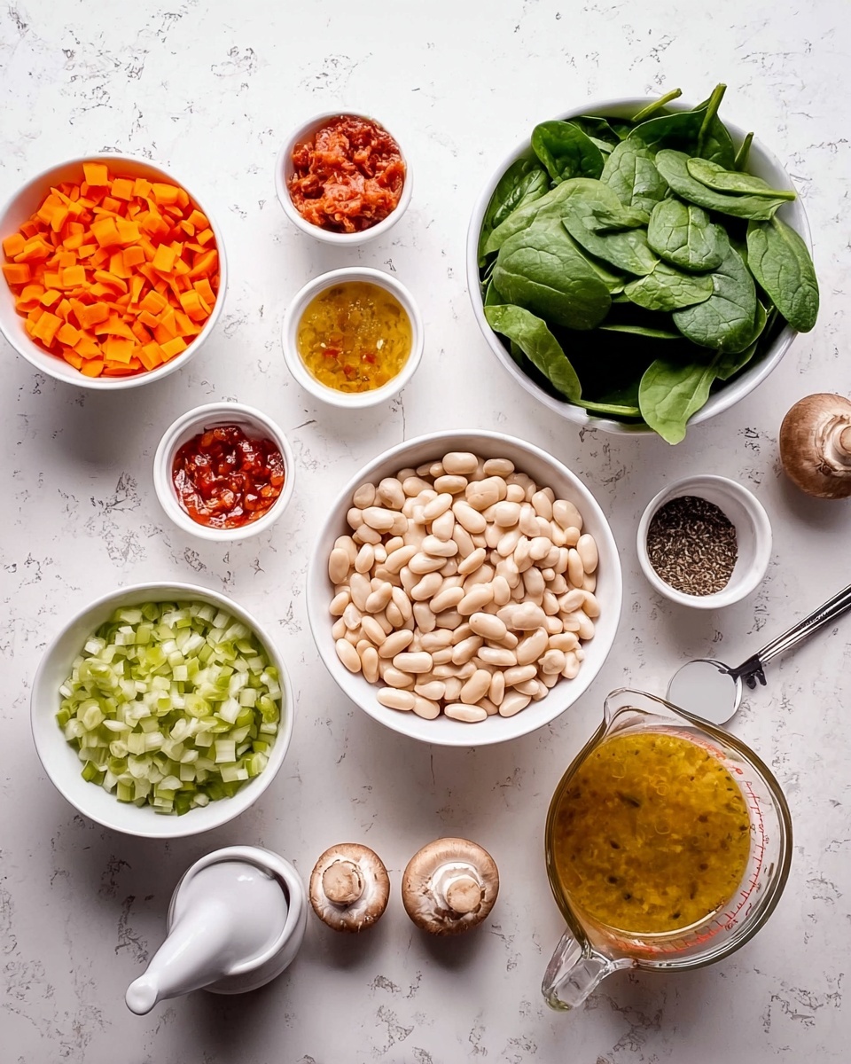The image shows a top view of several white bowls and containers arranged on a white marbled surface. In the center is a medium white bowl filled with large white beans. Surrounding it are smaller white bowls with finely chopped orange carrots, diced green celery, and chopped shallots. A larger white bowl filled with fresh green spinach leaves is placed toward the upper right. To the right side, there is a glass measuring cup filled with golden vegetable broth. There are also small bowls containing minced garlic, a mix of red and black spices, tomato paste, and a small white ceramic container with black pepper and a spoon. Two whole mushrooms are placed directly on the surface, one near the bottom left and one near the top right. Photo taken with an iphone --ar 4:5 --v 7