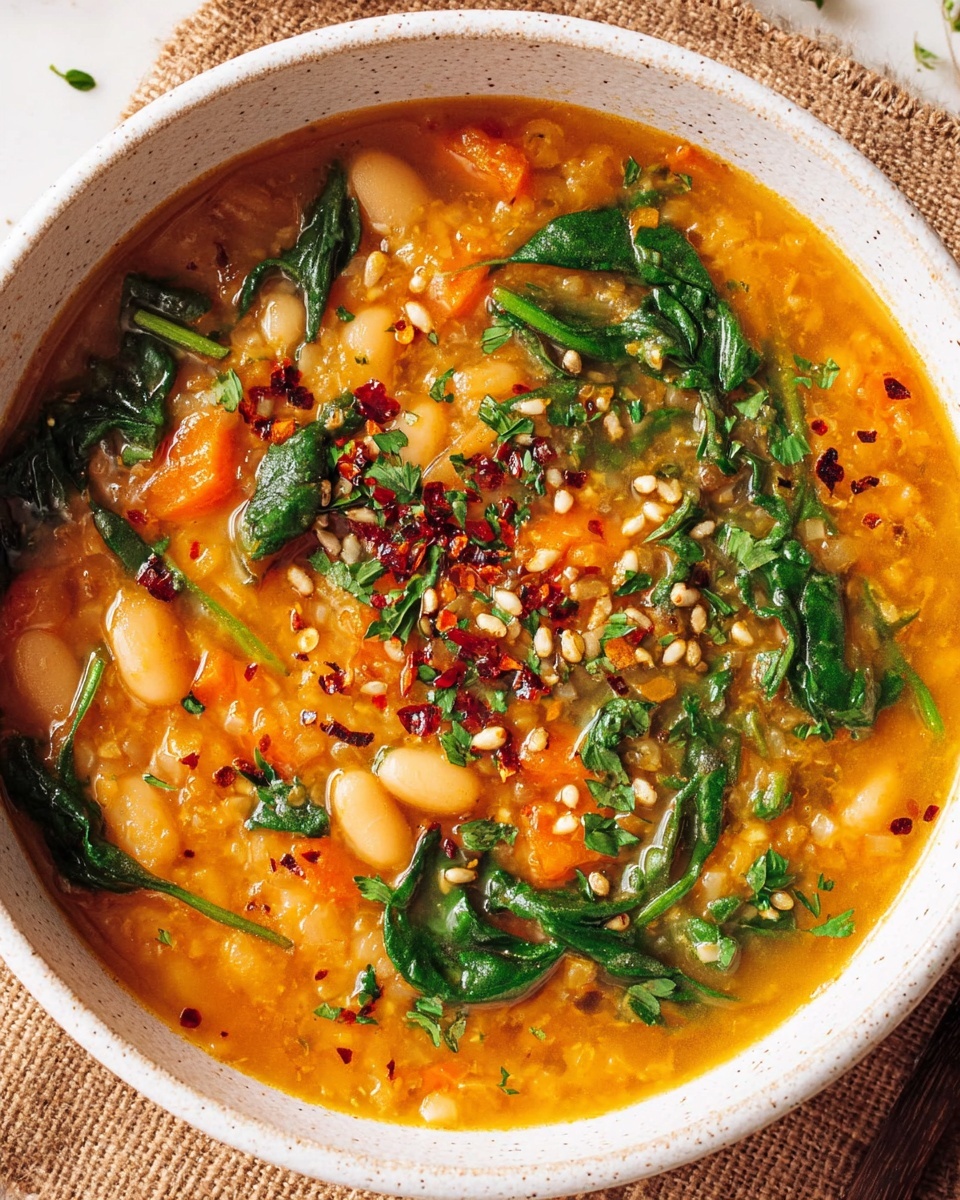 A white bowl filled with thick orange-yellow soup containing white beans, small orange carrot cubes, and green spinach leaves scattered inside. The soup has a slightly oily surface with some red pepper flakes sprinkled on top near the center. A bronze spoon rests inside the bowl and holds a spoonful of soup showing beans and carrots, making the texture clear. The bowl sits on a coarse brown woven fabric over a white marbled surface, with a few scattered green herb leaves nearby. Photo taken with an iphone --ar 4:5 --v 7