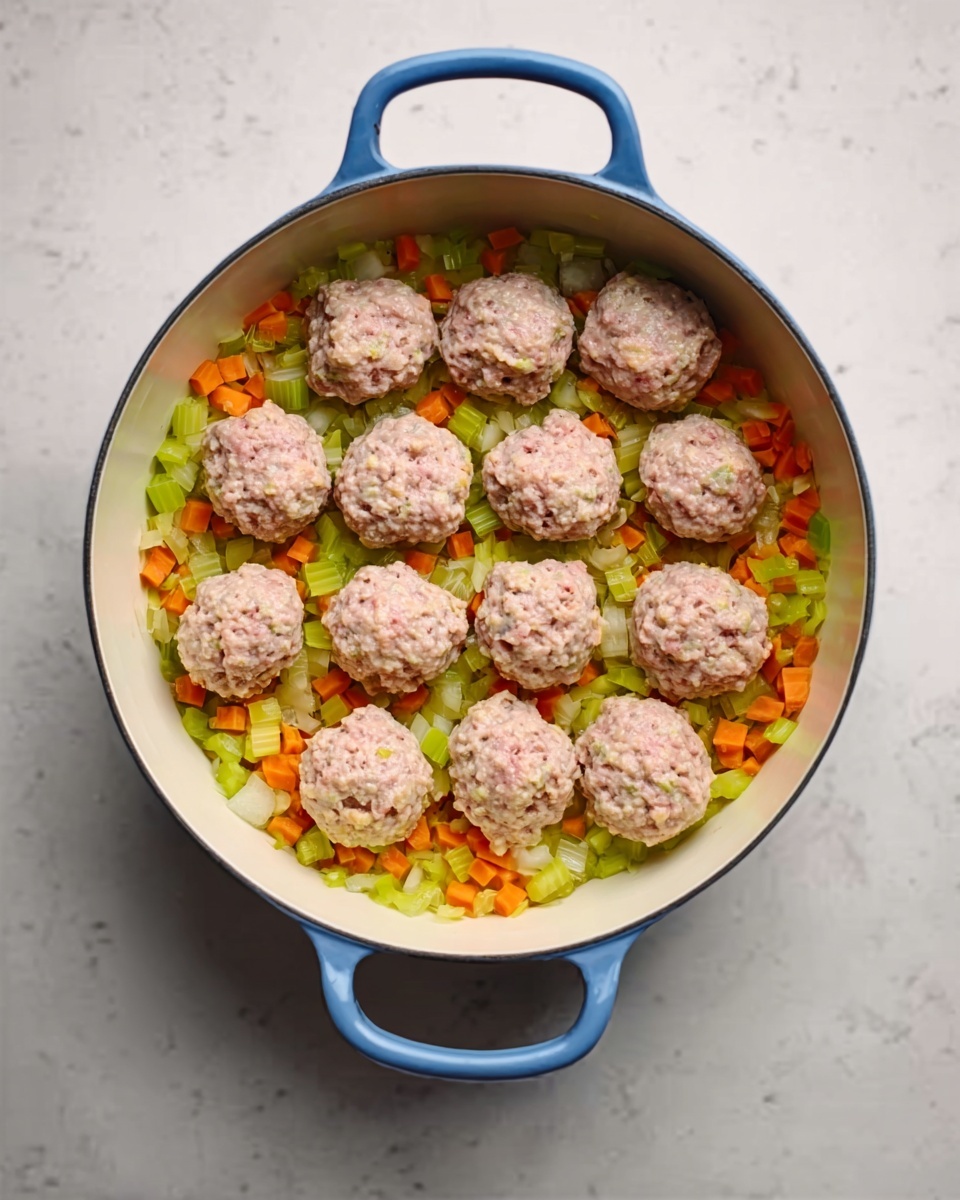 A white pot with blue handles contains a layer of cooked mixed vegetables evenly spread at the bottom, including diced orange carrots, green celery, and light yellow onions. On top of the vegetable layer, there are fifteen raw round meatballs arranged neatly in a grid-like pattern, each one slightly textured and pale pink in color. The pot is placed on a white marbled surface. photo taken with an iphone --ar 4:5 --v 7