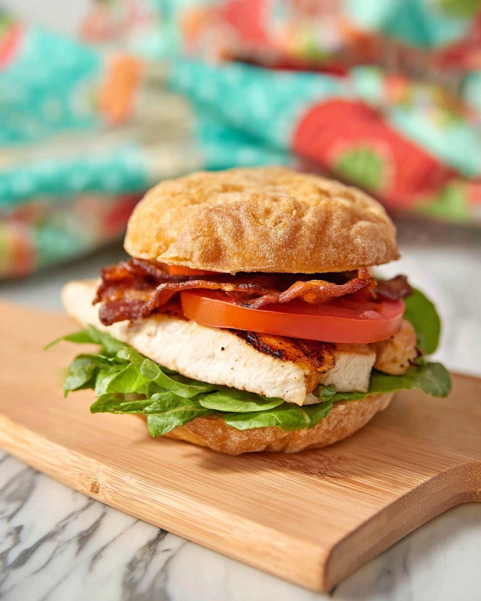 A sandwich with three main layers is shown on a light wooden board over a white marbled surface. The bottom and top layers are golden-brown round buns with a textured, slightly crispy look. Inside, the first layer is green leafy lettuce, followed by a thick white grilled chicken piece with visible grill marks, then more green leafy lettuce. Above that, there is a thick slice of bright red tomato. The top layer inside the sandwich has two crispy bacon strips, and the sandwich is stacked neatly. A blurred colorful fabric is in the background. Photo taken with an iphone --ar 4:5 --v 7