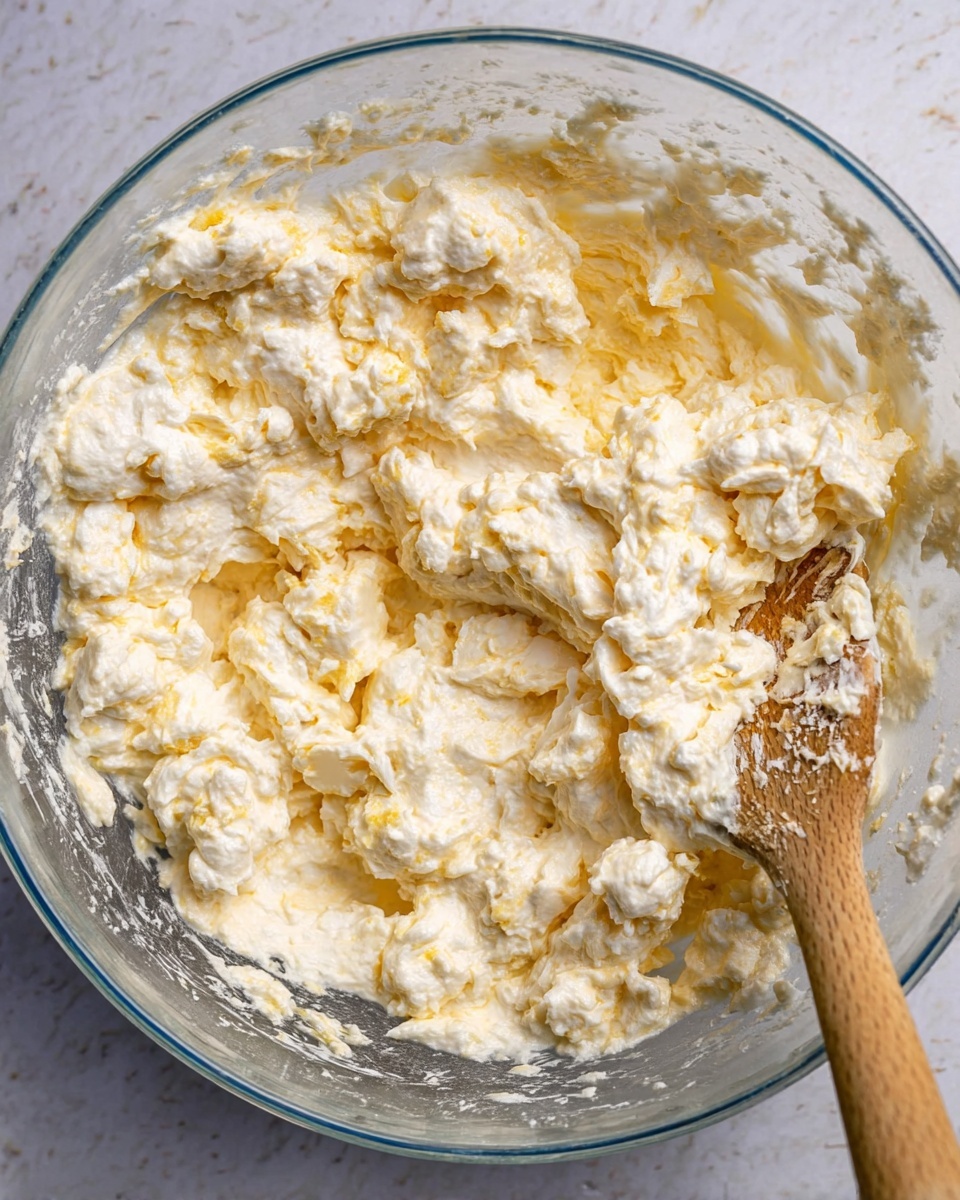 The image shows a close-up of a glass mixing bowl filled with a thick, chunky mixture that is pale yellow and white, with creamy and slightly lumpy textures throughout. A wooden spatula is partially inserted into the mixture on the right side, with some mixture stuck to it. The bowl sits on a white marbled surface, and the overall look is soft and dense with uneven pieces dispersed inside the creamy base. photo taken with an iphone --ar 4:5 --v 7