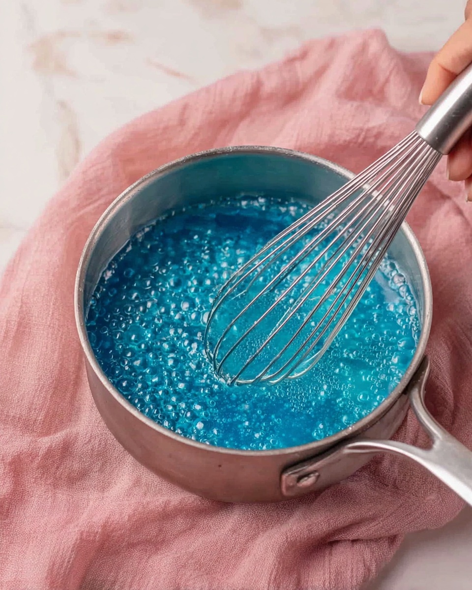 A close-up view of a silver pot filled with bright blue liquid with small bubbles rising on the surface, mixing with a metal whisk held by a woman's hand from the right side. The pot is placed on a soft pink fabric on a white marbled surface. The blue liquid looks thick and shiny with a smooth texture as the whisk stirs gently inside. Photo taken with an iphone --ar 4:5 --v 7