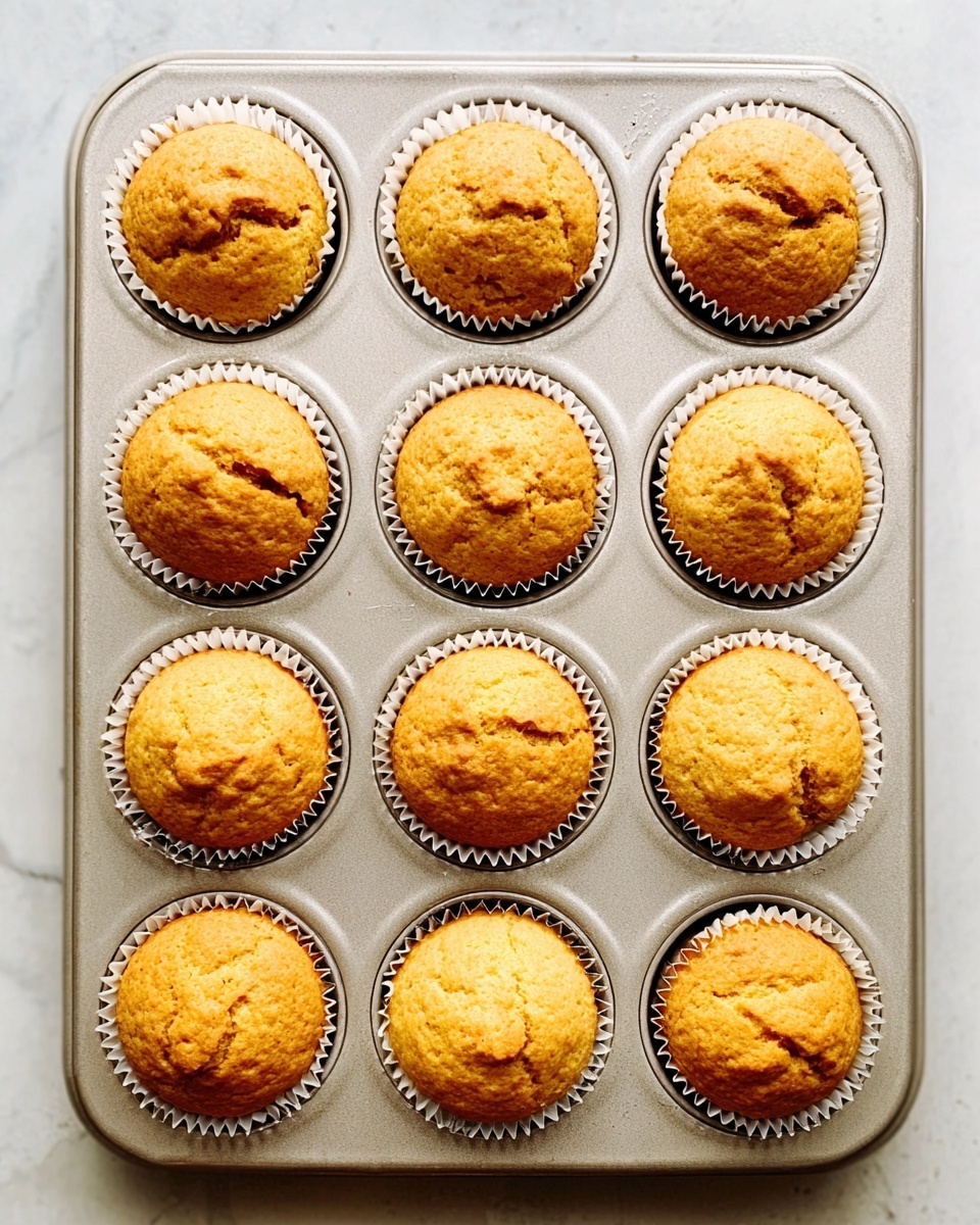 The image shows a baking tray with twelve golden brown muffins arranged in a 3 by 4 grid. Each muffin is in a white paper cup liner, and they have a soft, slightly cracked top texture. The muffins are evenly spaced in the metal tray, which has a light gray color. The tray is placed on a white marbled surface. The lighting highlights the warm and fresh look of the muffins, making them look soft and fluffy. Photo taken with an iphone --ar 4:5 --v 7