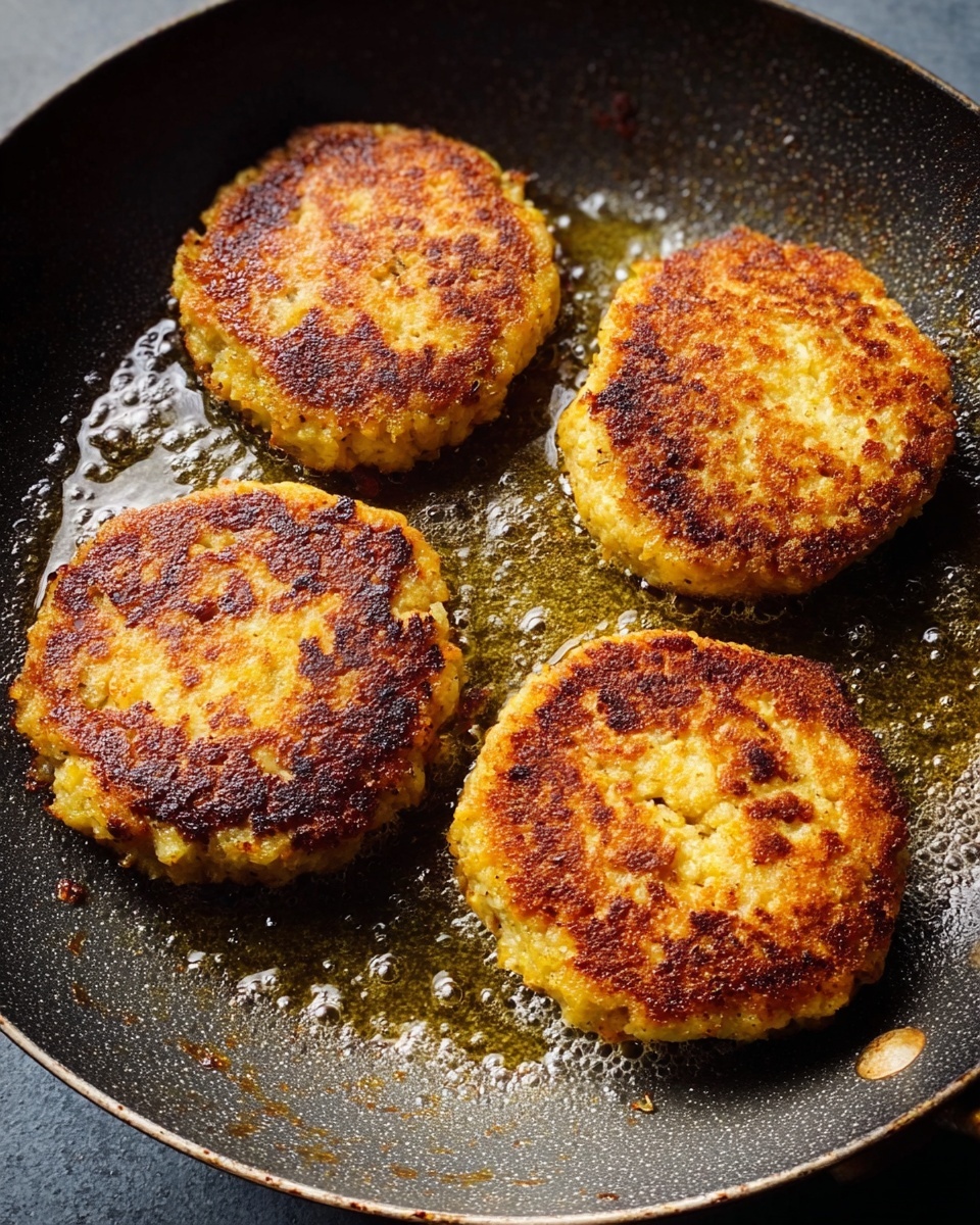 The image shows four cooked patties in a frying pan, each patty having a round shape and a golden brown surface with some darker crispy spots. The patties have a slightly rough texture on top, indicating they are fried and crispy outside. The frying pan has some oil around the patties, and the surface inside the pan is dark gray and smooth. The patties are evenly spaced in the pan, with two near the top and two near the bottom, all showing a well-fried texture. photo taken with an iphone --ar 4:5 --v 7