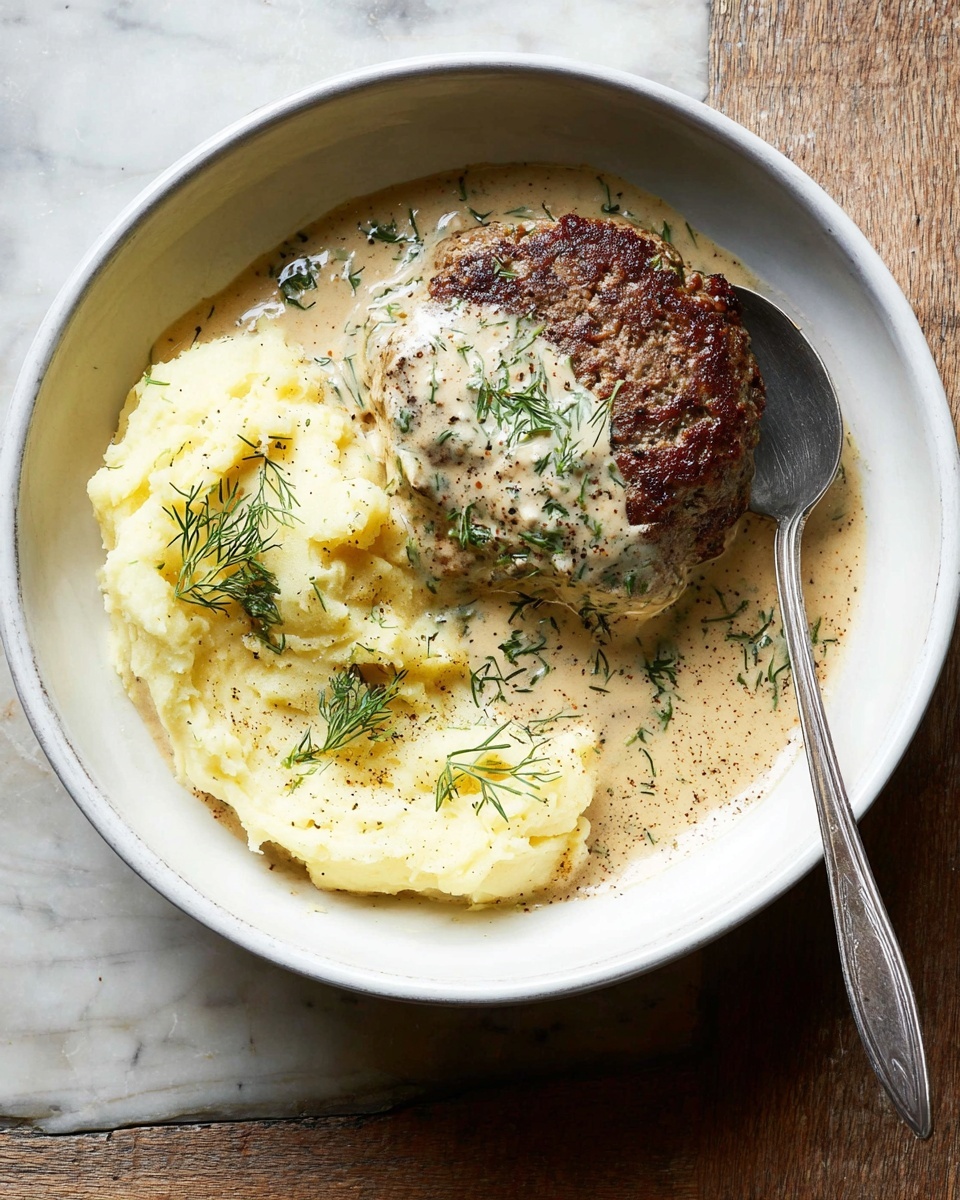 A white bowl shows two main layers: one side has a round, brown, crispy-edged patty covered partly in a light beige creamy sauce with small herb pieces, mainly green dill, on top and around it; the other side has a creamy, light yellow mashed potato scoop with a slight gloss and small green dill sprigs, sprinkled with black pepper. The sauce blends both layers slightly. A silver spoon is resting on the side inside the bowl. The bowl sits on a white marbled surface. Photo taken with an iphone --ar 4:5 --v 7