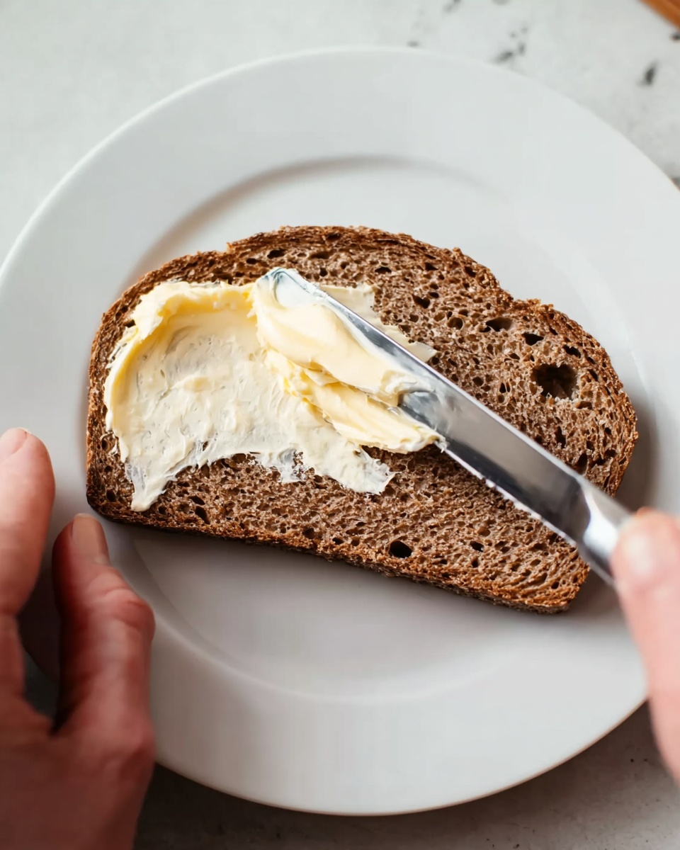 A close-up view of a slice of dark brown bread with a rough, holey texture lying flat on a white plate. A thin, shiny metal knife is spreading a thick layer of creamy, pale yellow butter on the top left side of the bread, with the butter partially smeared and smooth. A woman's hand is holding the bread gently on the right edge, with the white plate filling the background and surface beneath, showing a clean, white marbled texture. photo taken with an iphone --ar 4:5 --v 7
