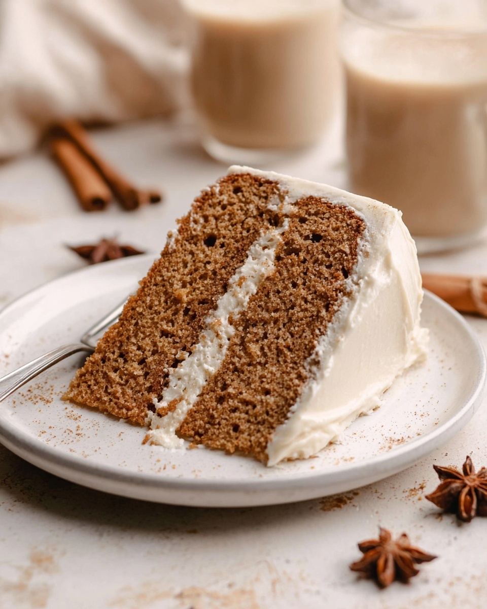 A slice of two-layer light brown spice cake is shown on a white plate, with fluffy white cream frosting evenly spread between the layers and covering the sides. The cake layers have a soft, airy texture with small holes, and the frosting looks smooth and thick. The plate sits on a white marbled surface with light brown and beige tones. In the blurred background, there are two glasses filled with a light beige drink and star anise scattered around. photo taken with an iphone --ar 4:5 --v 7