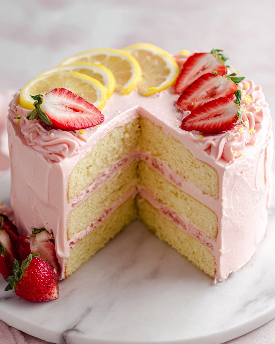 A slice of three-layer light yellow cake is shown on a white plate with a slightly scalloped edge. Each cake layer is soft and crumbly, separated and covered by a thin, smooth layer of pink frosting. The outside is also coated with pink frosting, slightly textured but smooth overall. Half a fresh strawberry with a red, juicy inside and green leaves is placed next to the cake on the plate. The background is a white marbled texture with a blurred whole strawberry and some lemon slices nearby. Photo taken with an iphone --ar 4:5 --v 7