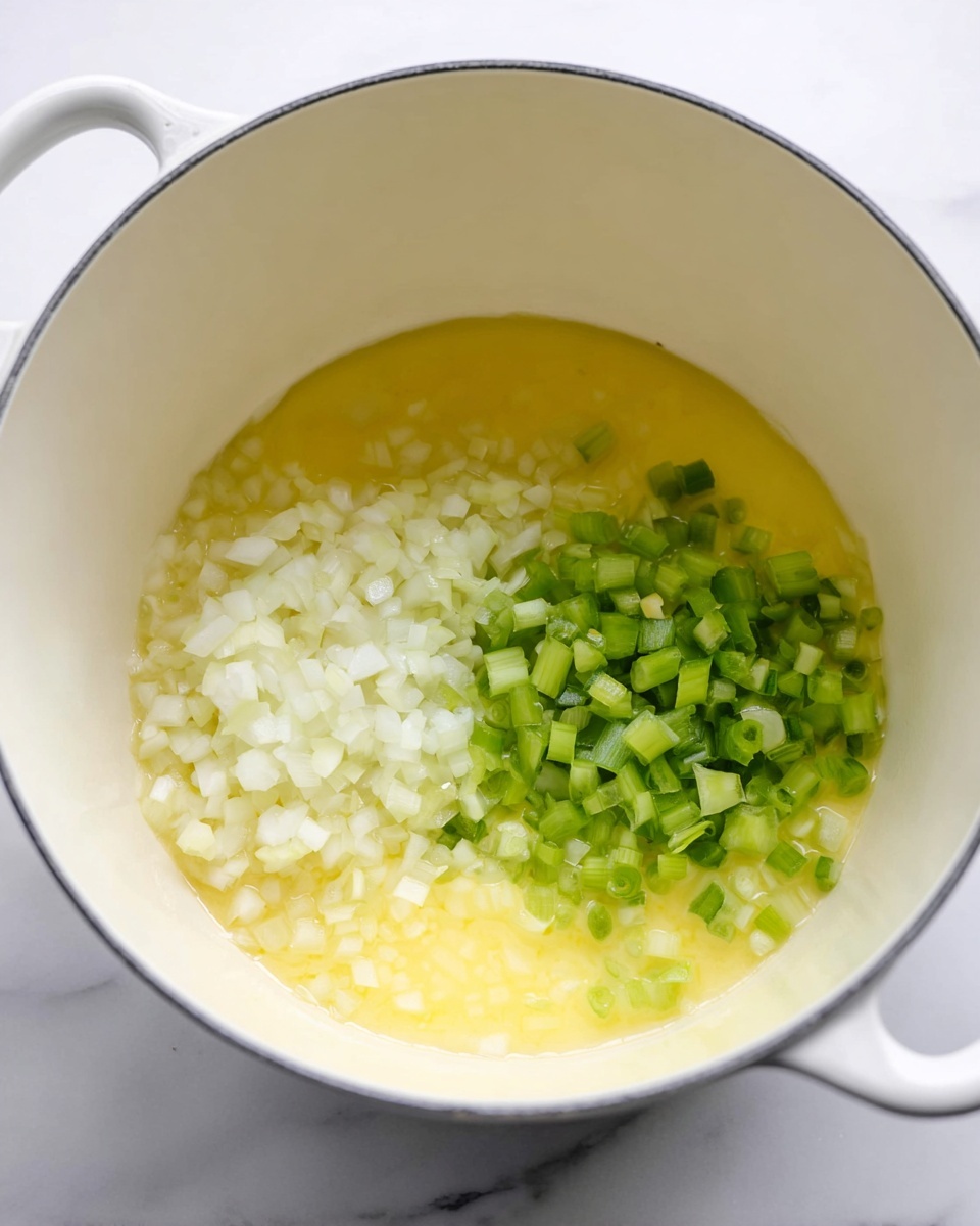 Inside a white pot, there is a layer of melted yellow butter at the bottom. On top of the butter, there are two piles of small, diced vegetables: white onions on the left side and green celery on the right. The pot's inner surface is creamy white, and the pot is placed on a white marbled surface. The photo is clear and bright, showing the fresh ingredients ready for cooking. photo taken with an iphone --ar 4:5 --v 7
