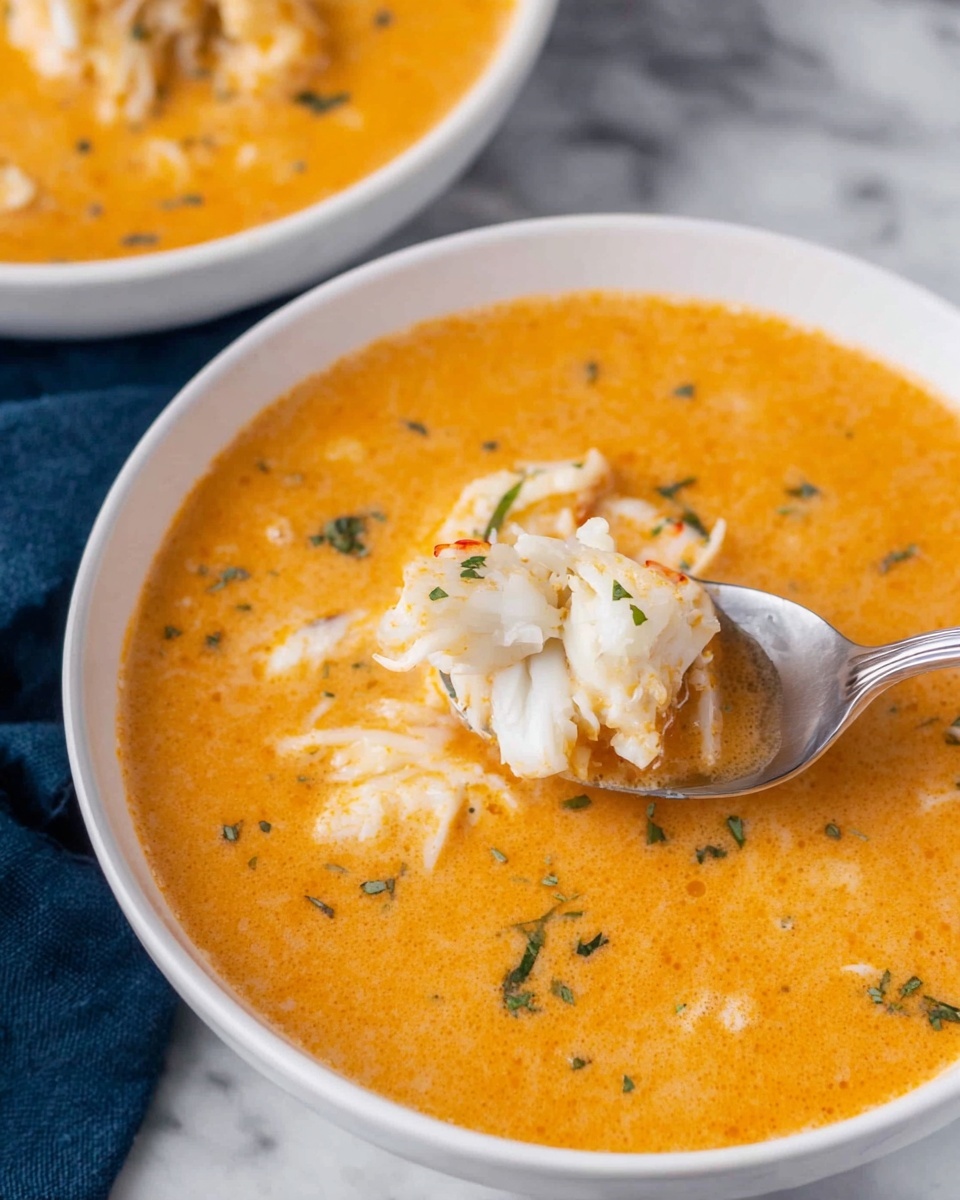 A white bowl filled with thick orange soup with a creamy texture, scattered with small green herb pieces on top. The soup holds white chunks of crab meat, both in the spoon and on the surface of the soup. The spoon is silver and placed inside the bowl, lifting some of the soup and crab meat. The bowl is placed on a white marbled surface with a dark blue cloth partially visible nearby. Another white bowl with a similar soup is blurred in the background. photo taken with an iphone --ar 4:5 --v 7