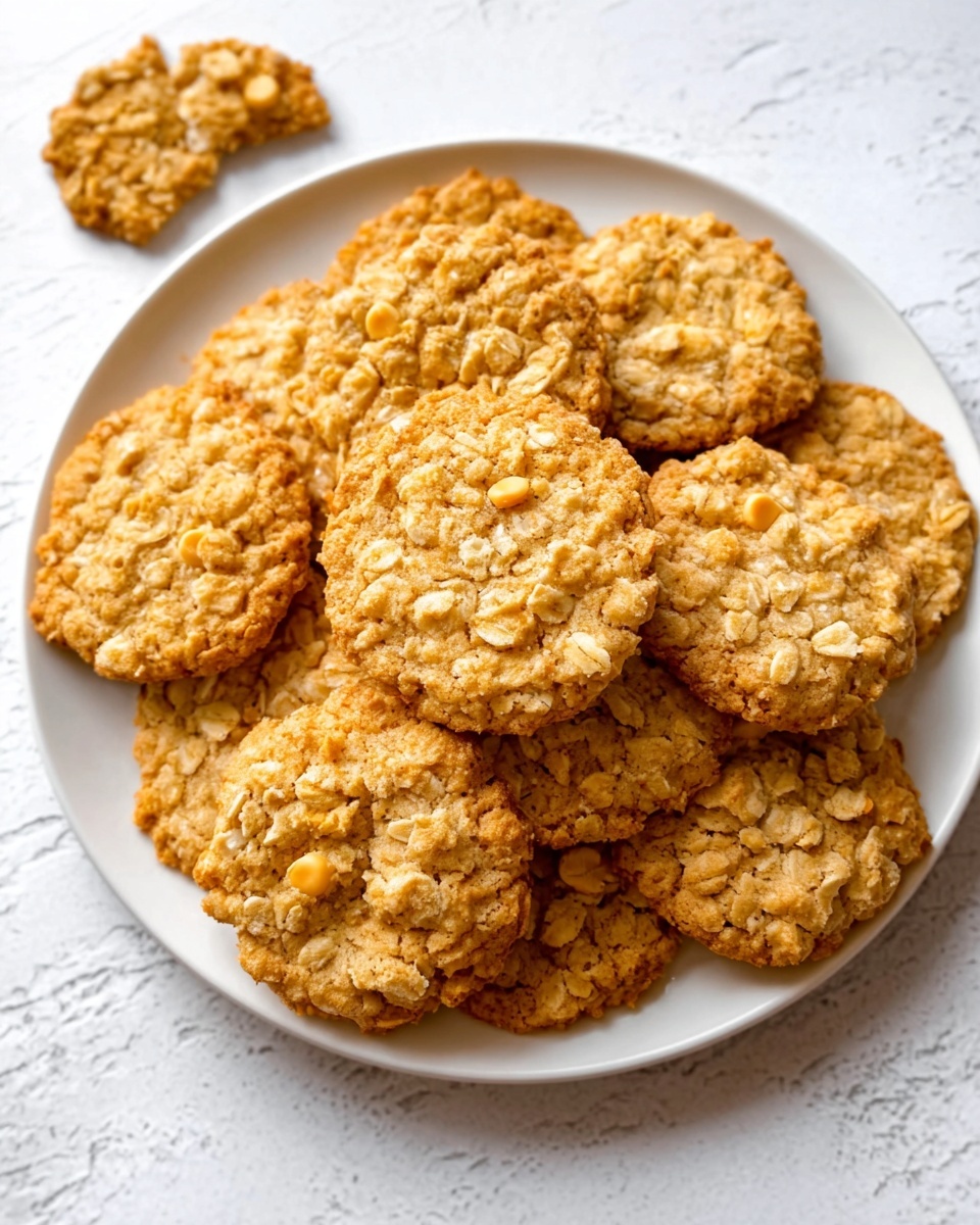 The image shows a white plate on a white marbled surface, filled with several round, golden-brown cookies that have small yellowish chips baked inside them. The cookies have a rough texture with visible oats and slightly uneven edges. Some cookies overlap each other, and one cookie is broken into pieces, placed near the top left side of the plate. The lighting highlights the warm tones of the cookies, making them look fresh and inviting. photo taken with an iphone --ar 4:5 --v 7