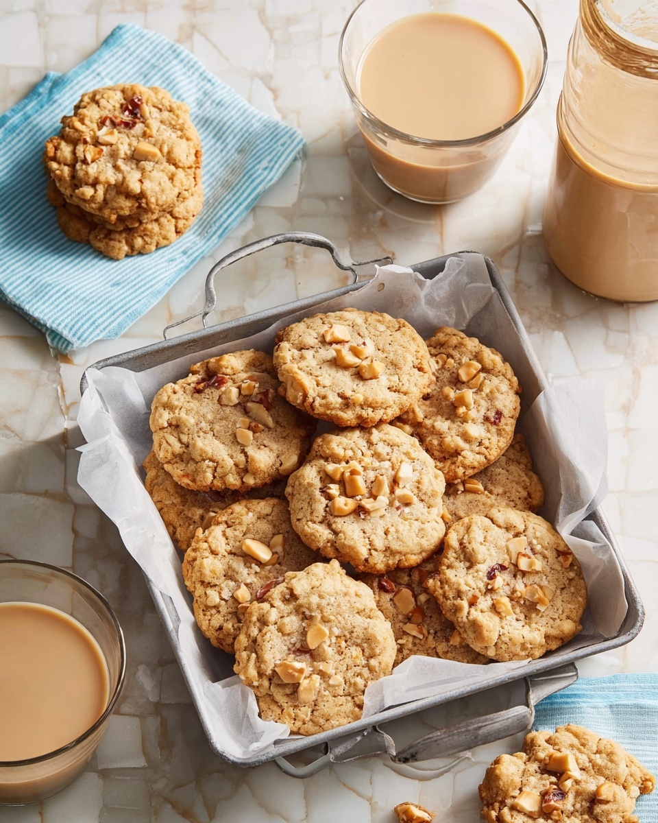 The image shows four oatmeal cookies with light brown color and a rough, crumbly texture, placed on a black wire cooling rack. Each cookie has some small, round light tan chips on top, scattered unevenly. The rack sits on a white marbled surface with soft lighting that highlights the cookies' details clearly. The cookies are slightly different sizes and have an inviting homemade look. Photo taken with an iphone --ar 4:5 --v 7
