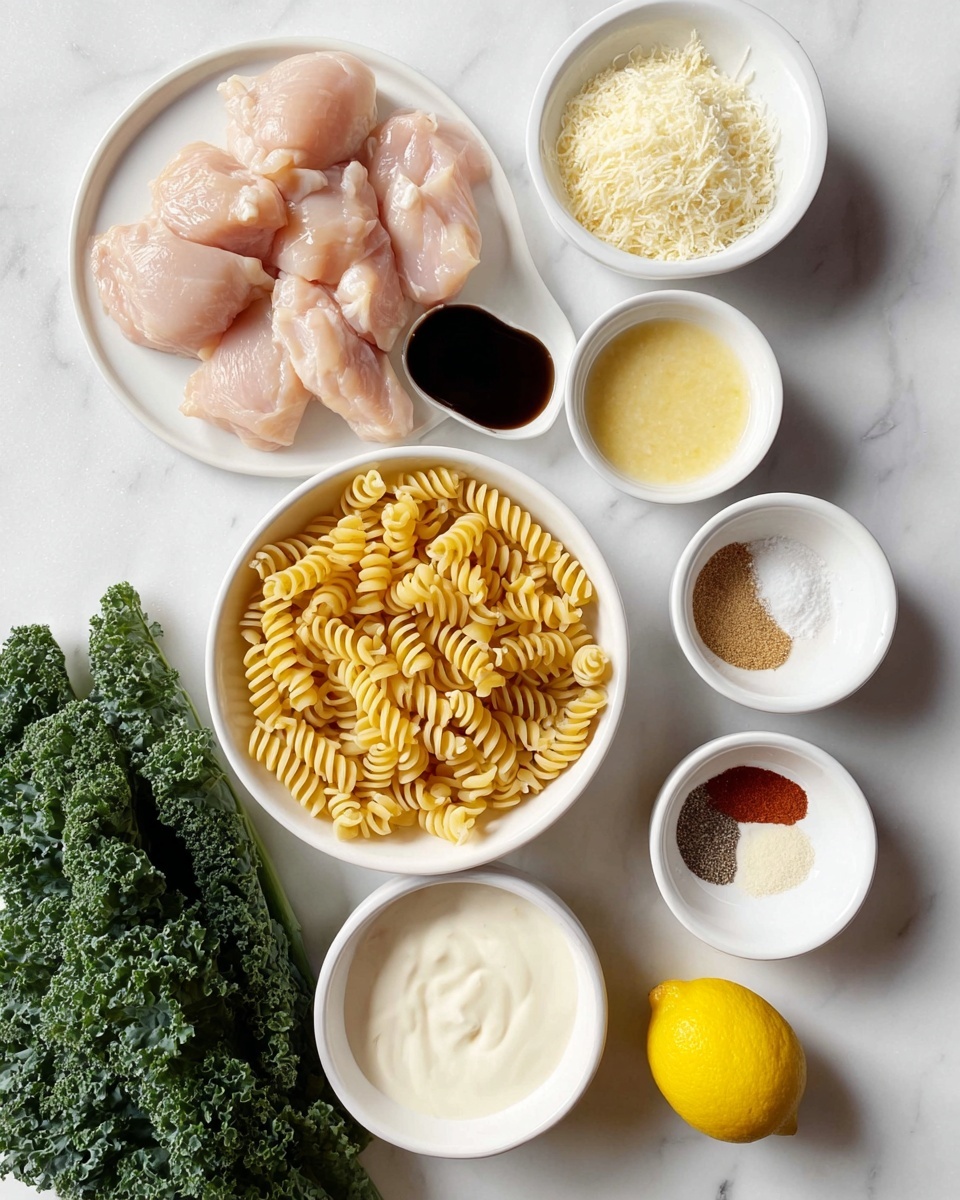 The image shows raw chicken pieces placed on a white plate over a white marbled surface. Next to it, there is a small white bowl with soy sauce, another with a light yellow paste, and a white bowl filled with grated cheese. Below these bowls, a white bowl is filled with uncooked spiral pasta. To the lower left side of the image, there is a bunch of green kale leaves. Near the bottom, a small white bowl contains a thick creamy white sauce. To the lower right, there is a whole lemon and a garlic clove on the white marbled surface. Finally, a small white bowl contains a collection of spices, with red, white, and light brown powders arranged in sections. photo taken with an iphone --ar 4:5 --v 7