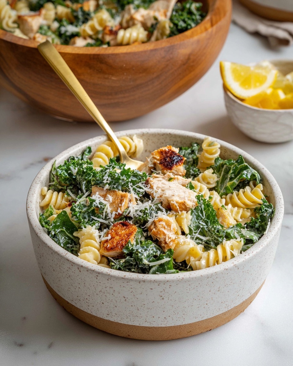 A white speckled bowl filled with a fresh pasta salad featuring bright green curly kale leaves layered with light yellow rotini pasta spirals, topped with browned pieces of grilled chicken and a sprinkling of finely grated white cheese. A gold fork is placed inside the bowl, resting on the side. Behind the bowl, there is a large wooden bowl filled with the same salad and a small white speckled bowl holding lemon wedges. All items are set on a white marbled surface. photo taken with an iphone --ar 4:5 --v 7