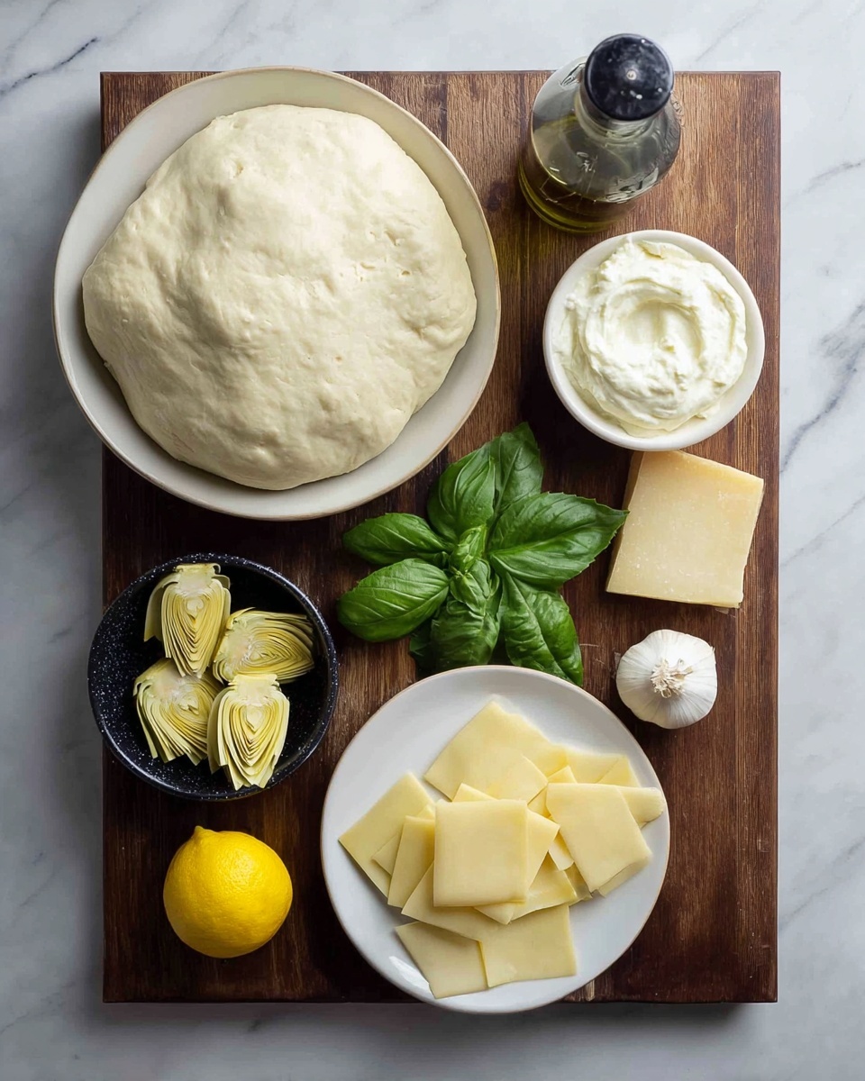 The image shows a wooden board with several ingredients arranged neatly on a white marbled surface. At the center left, there is a round white bowl filled with smooth, risen pizza dough that looks soft and slightly bumpy. To the bottom left, a small black bowl holds pale yellow artichoke hearts with a tender texture. On the bottom right, a white plate is stacked with pale yellow square cheese slices, slightly overlapping each other. Near the top right, you see a small white bowl with a creamy white mixture, thick and smooth. Beside this are fresh ingredients: a bright yellow lemon, three green basil leaves with visible veins, a whole garlic bulb with its papery skin, and a chunk of pale yellow Parmesan cheese. A clear bottle with a black top is placed near the dough bowl, likely olive oil. The items are set on a dark wooden board which contrasts with the white marbled background. Photo taken with an iphone --ar 4:5 --v 7