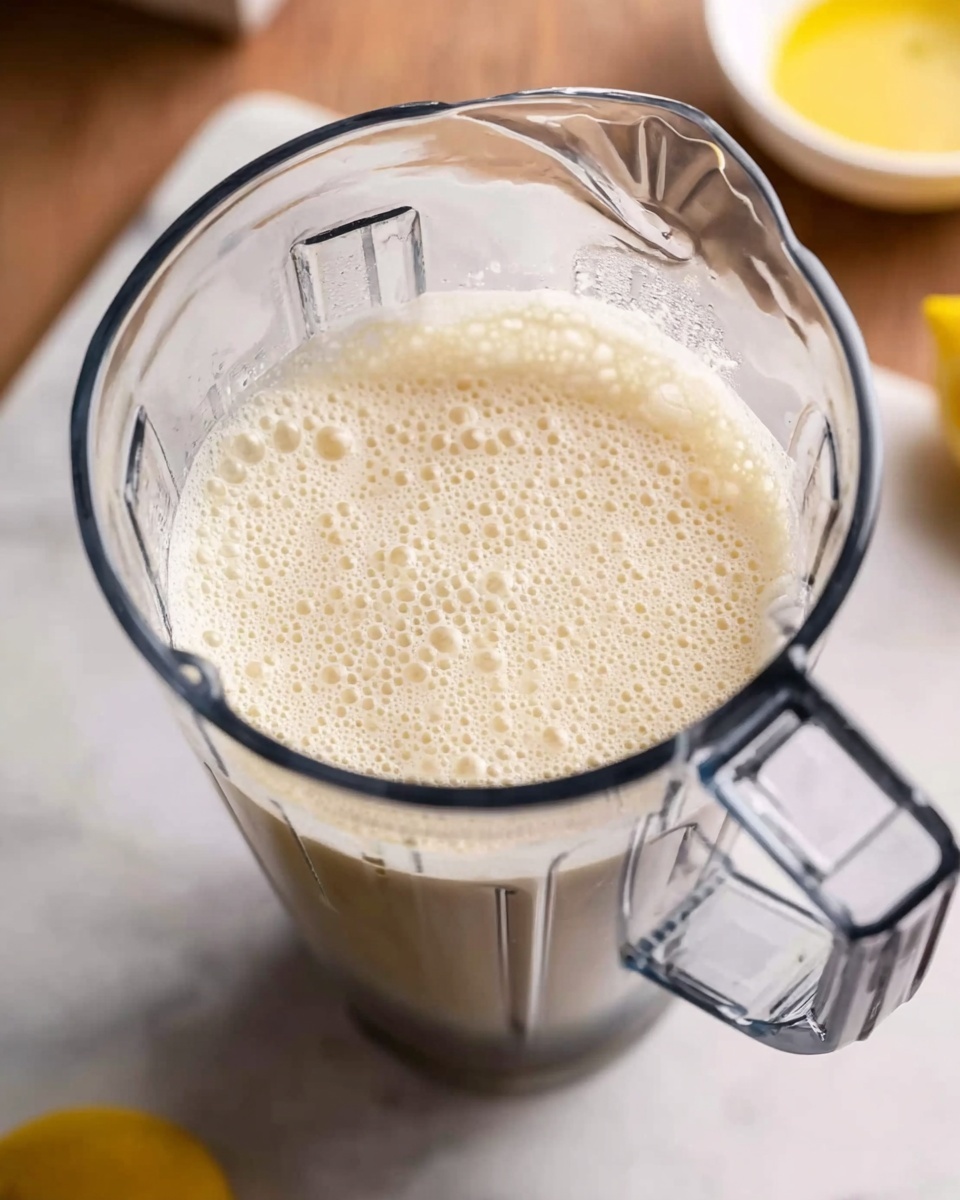 A clear blender container filled with a frothy, creamy light beige liquid that almost reaches the top, showing many small bubbles on the surface. The blender is placed on a white marbled surface, and in the background, there is a small bowl with a yellow liquid and a yellow lemon partially visible in the bottom right corner. The blender has a handle on the right side and angular shapes on its body. Photo taken with an iphone --ar 4:5 --v 7