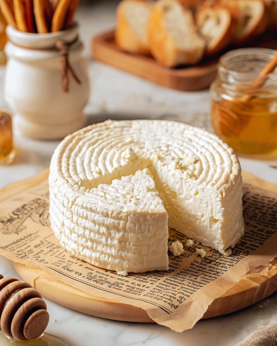 The image shows a close-up piece of a light beige cheese with a textured, grid-like pattern on its top surface. The cheese is cylindrical with a section missing, showing a smooth but slightly grainy interior. A drizzle of shiny honey is falling down the side of the cheese, adding a golden glossy layer on its top and side. The cheese sits on a piece of paper with printed text, which rests on a white marbled surface. In the background, there is a blurry loaf of light brown bread. photo taken with an iphone --ar 4:5 --v 7
