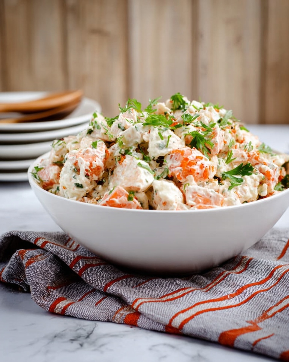 A large white bowl filled with a chunky salad made of creamy white pieces mixed with bright orange chunks and green bits, all coated in a thick sauce and topped with small green leaves scattered on top. The salad is placed on a cloth with gray and orange stripes, and behind the bowl are some white stacked plates and a wooden spoon resting on the cloth. The background shows a light wood wall, and the whole scene sits on a white marbled surface. photo taken with an iphone --ar 4:5 --v 7