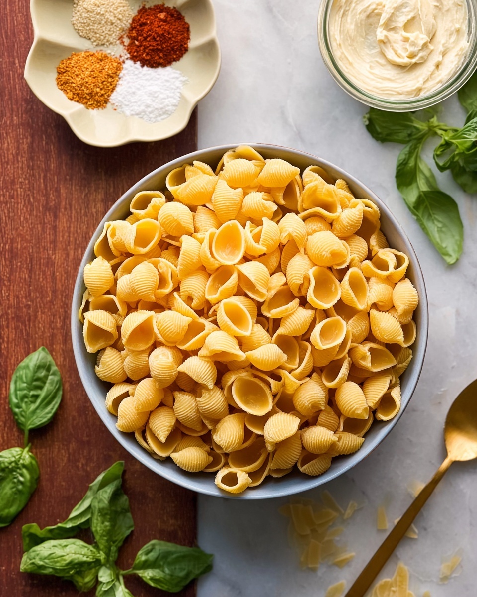 A white bowl filled with many small, smooth yellow pasta shells that look dry and uncooked, sitting on a white marbled surface. Around the bowl, there are green basil leaves scattered, a small beige bowl with coarse white salt, a white flower-shaped dish containing three different colored spices in sections – reddish-brown, light orange, and pale yellow, and a small clear bowl filled with a creamy white spread next to a golden spoon. The colors of the pasta and ingredients stand out clearly against the white marbled surface photo taken with an iphone --ar 4:5 --v 7