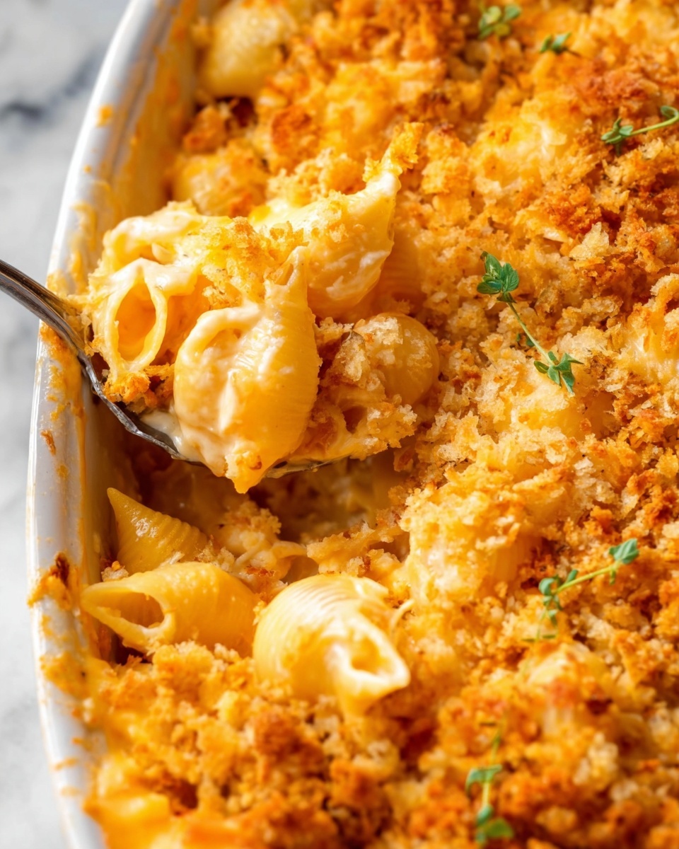 The image shows a close-up of a creamy baked pasta dish with two main layers. The bottom layer is soft pasta shells coated in a smooth, light orange cheese sauce. The top layer is a crumbly, golden brown topping that looks crunchy and crispy, scattered unevenly over the pasta. Small green herb sprigs add a touch of color on the surface. A silver spoon is scooping some pasta, revealing the soft texture inside. The dish is placed on a white marbled surface. Photo taken with an iphone --ar 4:5 --v 7