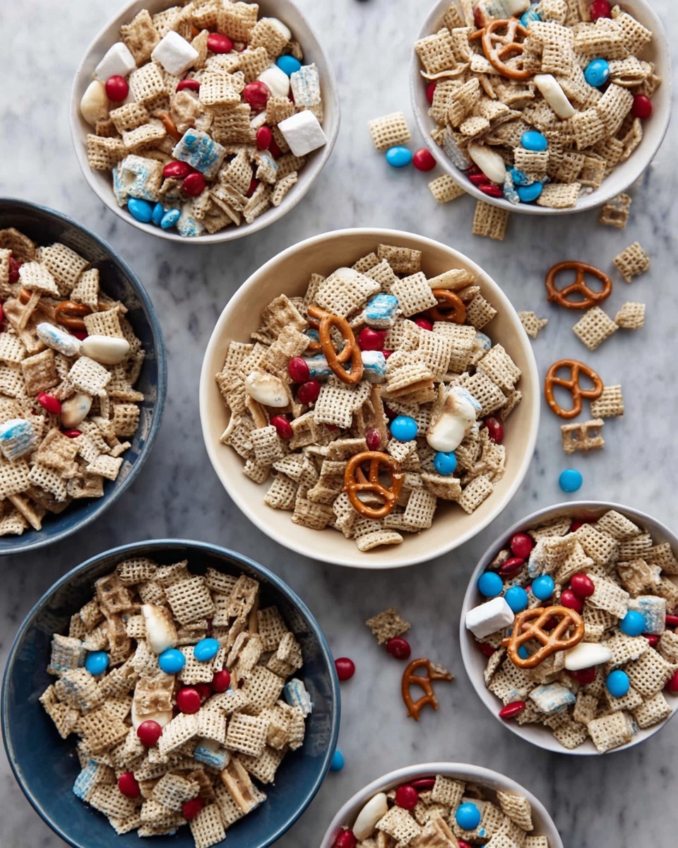 The image shows several white bowls filled with a snack mix on a white marbled surface. Each bowl contains a mix of light beige square cereal pieces with a woven texture, small round beige cereal loops, twisted light brown pretzel sticks, and scattered candy-coated chocolate pieces in red, blue, and white colors. The snack mix looks crunchy with a variety of shapes and textures. The bowls are different sizes and are evenly spaced, some bowls are a creamy white, while two larger bowls are matte dark blue with a smooth finish. A few candy pieces have spilled onto the surface around the bowls. The photo taken with an iphone --ar 4:5 --v 7