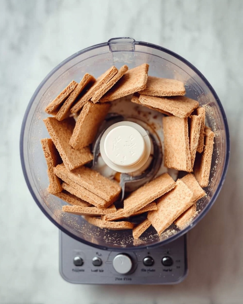 The image shows a top view of a clear food processor bowl filled with several layers of light brown rectangular crackers standing upright and leaning against the sides, arranged in a circle around the central blade. The food processor base is gray with visible buttons labeled Off, Low, High, and Pulse. The background is a white marbled surface. photo taken with an iphone --ar 4:5 --v 7