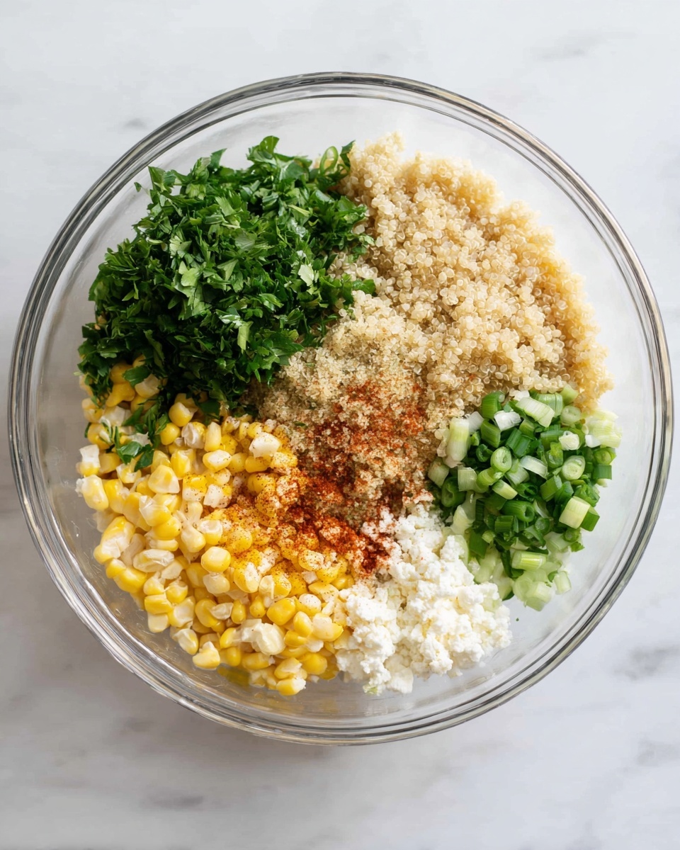 A clear glass bowl with six layers of ingredients arranged side by side in sections. The top left layer is fresh green leafy herbs with a delicate texture. To the right of the herbs is a light brown, grainy layer of cooked quinoa, filling the upper right half of the bowl. Below the quinoa, a small pile of finely chopped light green scallions is placed on the bottom right. The bottom left quarter of the bowl has three layers: bright yellow corn kernels at the bottom, white crumbly cheese next to the green herbs, and a sprinkling of reddish paprika dusting the cheese and corn area. The bowl is placed on a white marbled surface. photo taken with an iphone --ar 4:5 --v 7