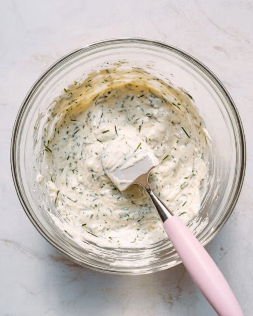A clear glass bowl on a white marbled surface holds a creamy mixture with visible green herb pieces evenly spread throughout. The texture is smooth and thick with small leafy bits giving a speckled look. A pale pink spatula with a silver handle rests inside the bowl, partially covered by the creamy mix. The scene is bright, showing soft natural light reflecting off the bowl and spatula. photo taken with an iphone --ar 4:5 --v 7