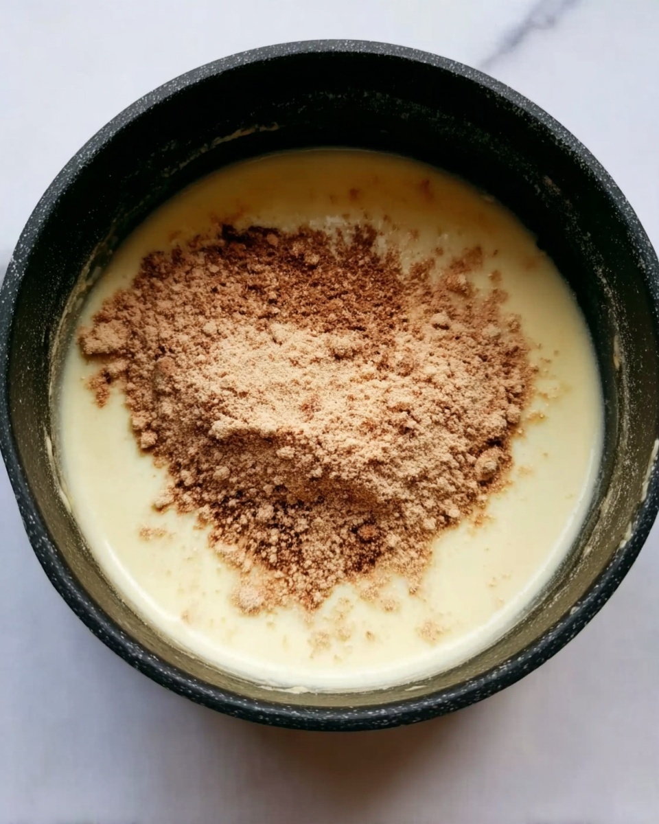 A black pot filled with a creamy pale yellow layer covering the bottom. On top, there is a loose heap of light brown powder in the center, slightly spread out but mostly piled up. The pot sits on a white marbled surface, creating a clean and bright background. Photo taken with an iphone --ar 4:5 --v 7