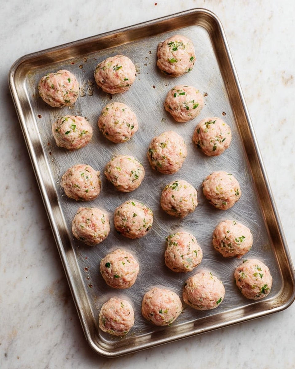 A large silver baking tray holds 19 raw meatballs arranged in loose rows. Each meatball is round and pale pink with small green specks of herbs visible throughout their surfaces. The tray shows light use marks and slight browning on the edges. The tray is placed on a white marbled surface. photo taken with an iphone --ar 4:5 --v 7