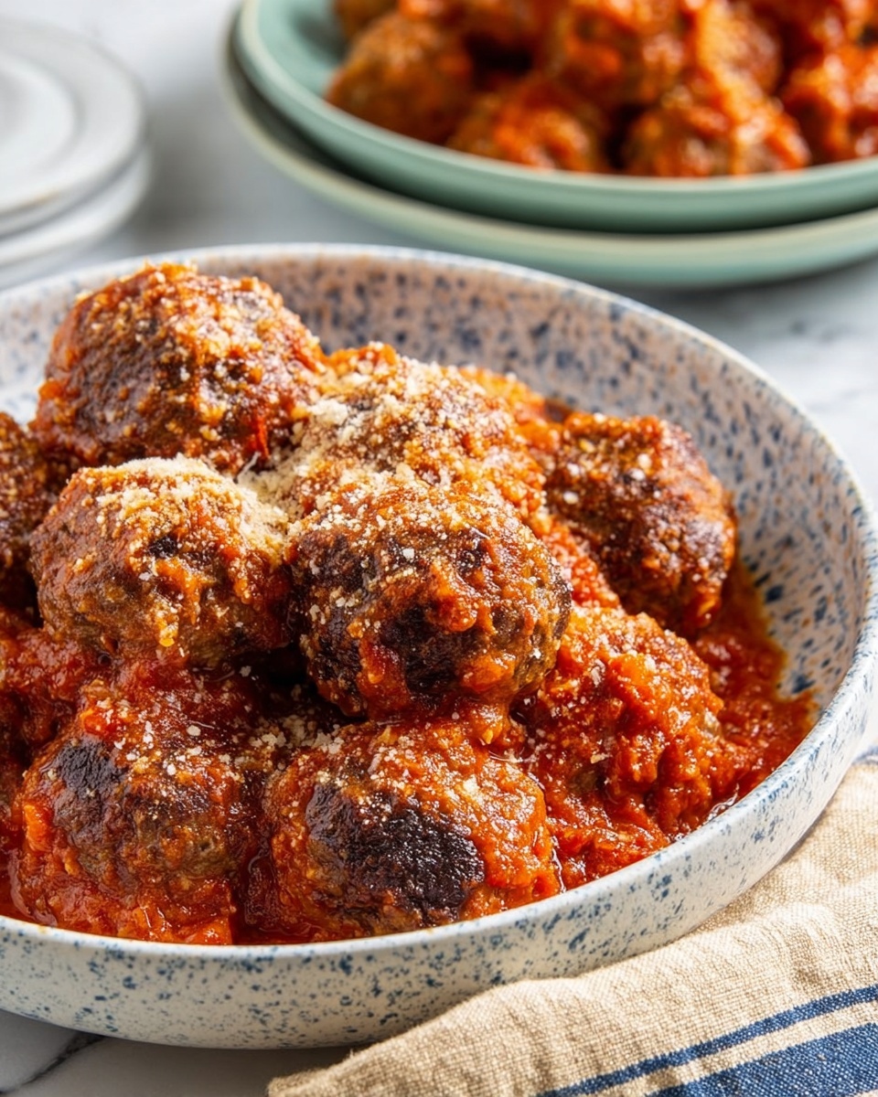 A light blue bowl filled with a pile of brown, slightly charred meatballs covered in thick red tomato sauce, topped with a sprinkling of grated cheese that adds a fine, pale texture over the sauce. The bowl is placed on a white marbled surface, with a small white bowl of grated cheese sitting nearby on the left side. The meatballs look textured and moist under the sauce, with some darker browned spots visible. Photo taken with an iphone --ar 4:5 --v 7