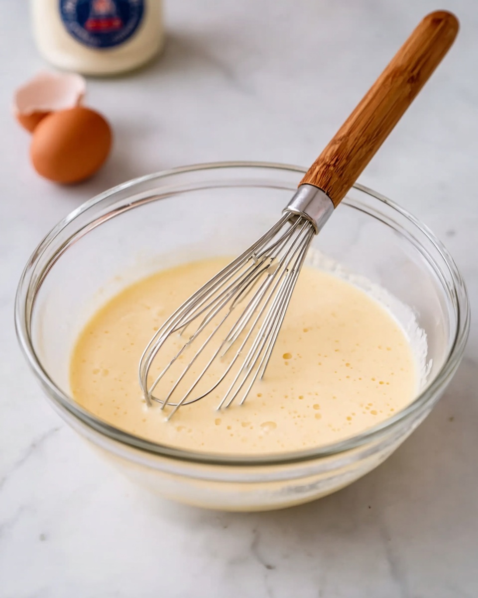 A clear glass bowl contains a light creamy beige liquid batter with small bubbles on the surface, suggesting a smooth and frothy texture. A metal whisk with a wooden handle rests inside the bowl, the wires moist with the batter. The bowl is placed on a white marbled surface. In the background, there is a blurred dark bottle and two brown eggs, adding a soft, warm tone to the scene. photo taken with an iphone --ar 4:5 --v 7