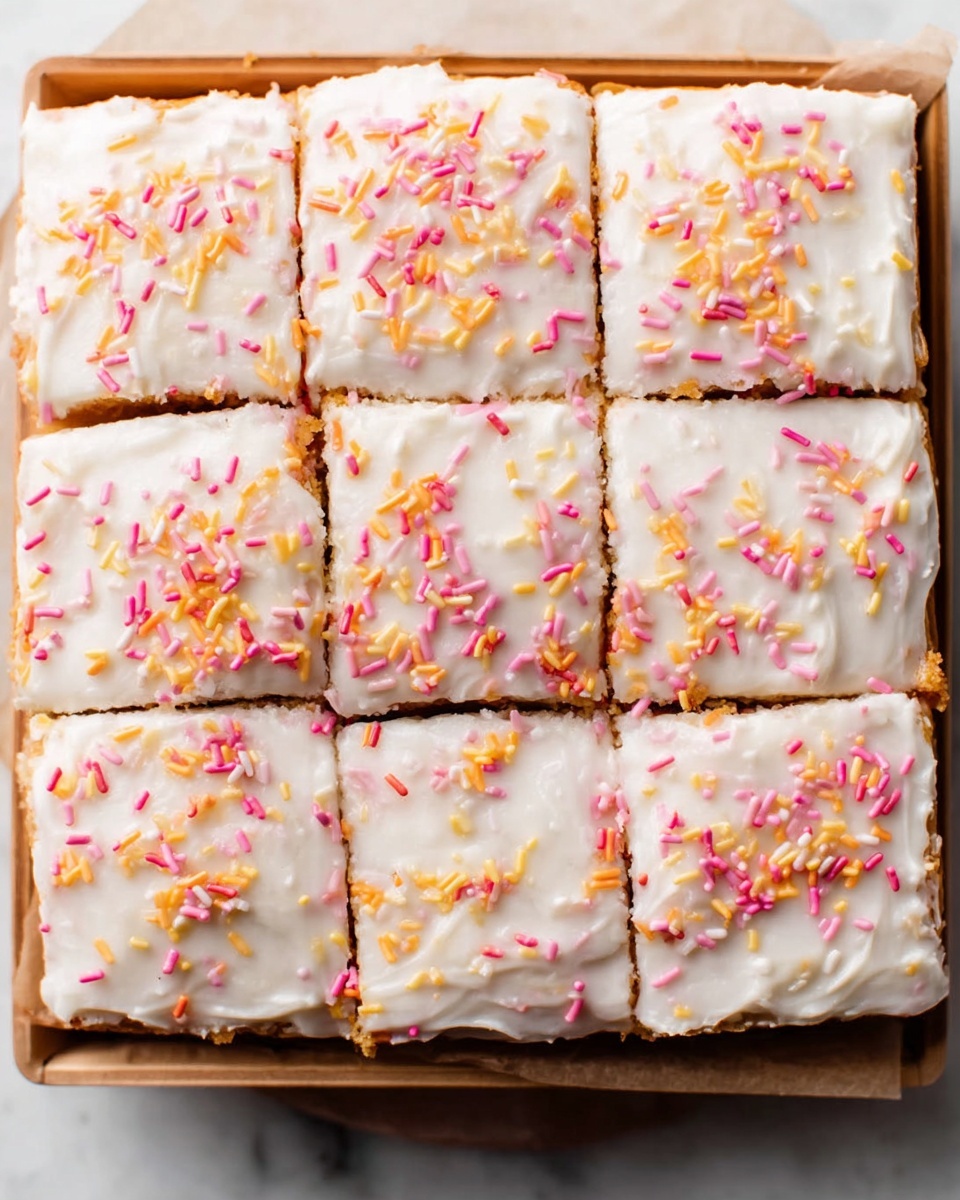 The image shows a square cake divided into nine equal pieces, each topped with a thick white frosting layer. The frosting has small colorful sprinkles in pink, orange, and yellow spread evenly on top. The cake has a light brown color peeking through the edges under the frosting. It is placed in a wooden tray sitting on a white marbled surface. The texture of the cake looks soft and moist, with a smooth and shiny frosting layer. Photo taken with an iphone --ar 4:5 --v 7