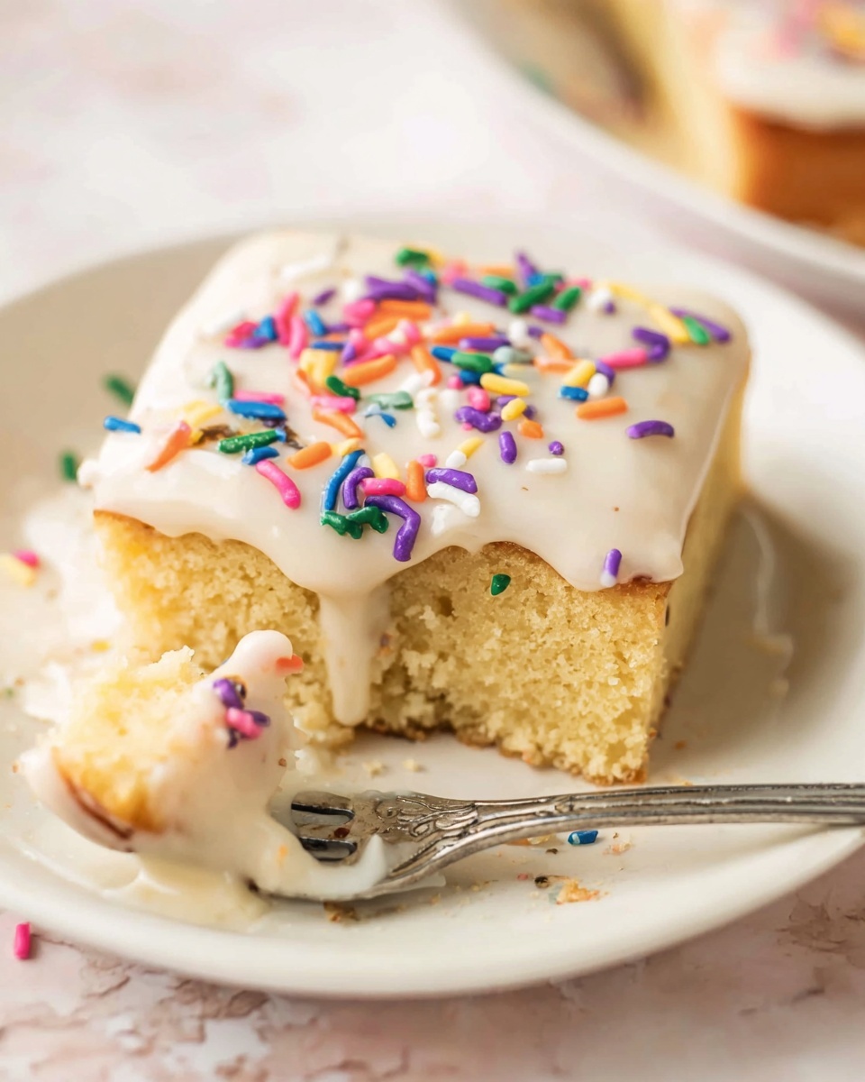 A close-up of a square piece of light yellow cake on a white plate with a white marbled texture background, topped with a thick layer of smooth white icing and colorful sprinkles in orange, purple, blue, green, pink, and white scattered unevenly on top. Part of the cake is scooped with a silver fork placed on the plate, showing the soft, moist texture of the inside. Photo taken with an iphone --ar 4:5 --v 7